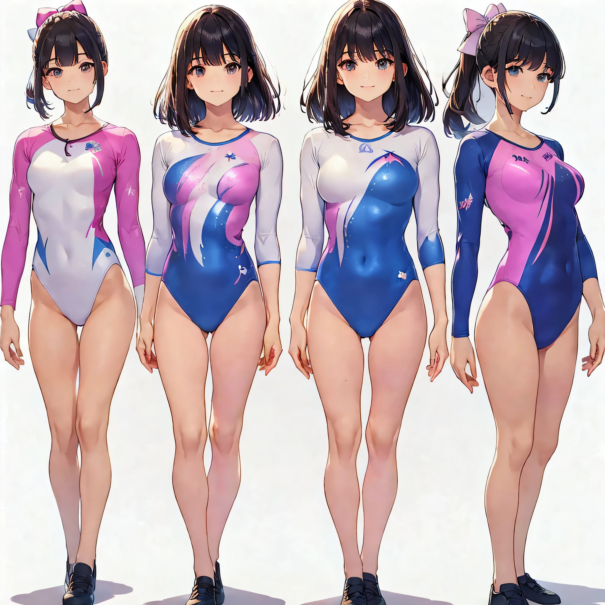 ((full body)),(masterpiece, best quality), (2 girls1.5) ,((Contrapposto:1.5)), looking at viewer, walking,((v_arms:1.2)),(Gymnastics club), （wearing gymnastics_longsleeves_leotard_outfit leotard:1.3),(simple leotard:1.3),(blue and pink leotard:1.3) ,((Ribbon print leotard:1.2)), ballet shoes,(blue shirt:1.1 ), BREAK masterpiece black hair, ((long hair:1.2)), ((parted bangs:1.3)), black eyes, good hand, ((small breasts)), (over 20 years old, under 25 years old:1.2), , spotlight, happy, smile, BREAK white background