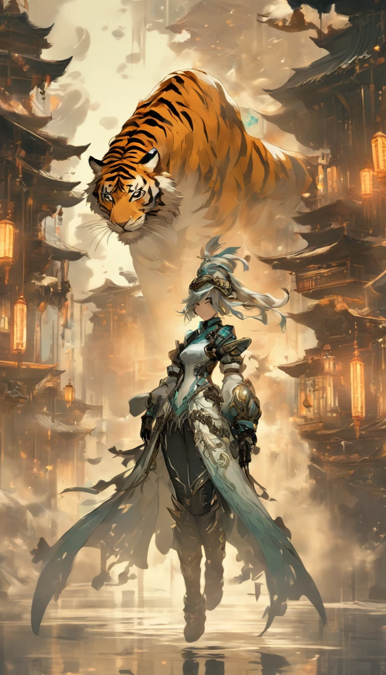 Chinese ink style,Steampunk world,Tiger-shaped steampunk warframe girl,Jet steam is suspended in the city air,Ink animation art,Ink comic art,water ink,ink,Smudge,8K,Delicately portrayed,Works of masters,Black and white tones