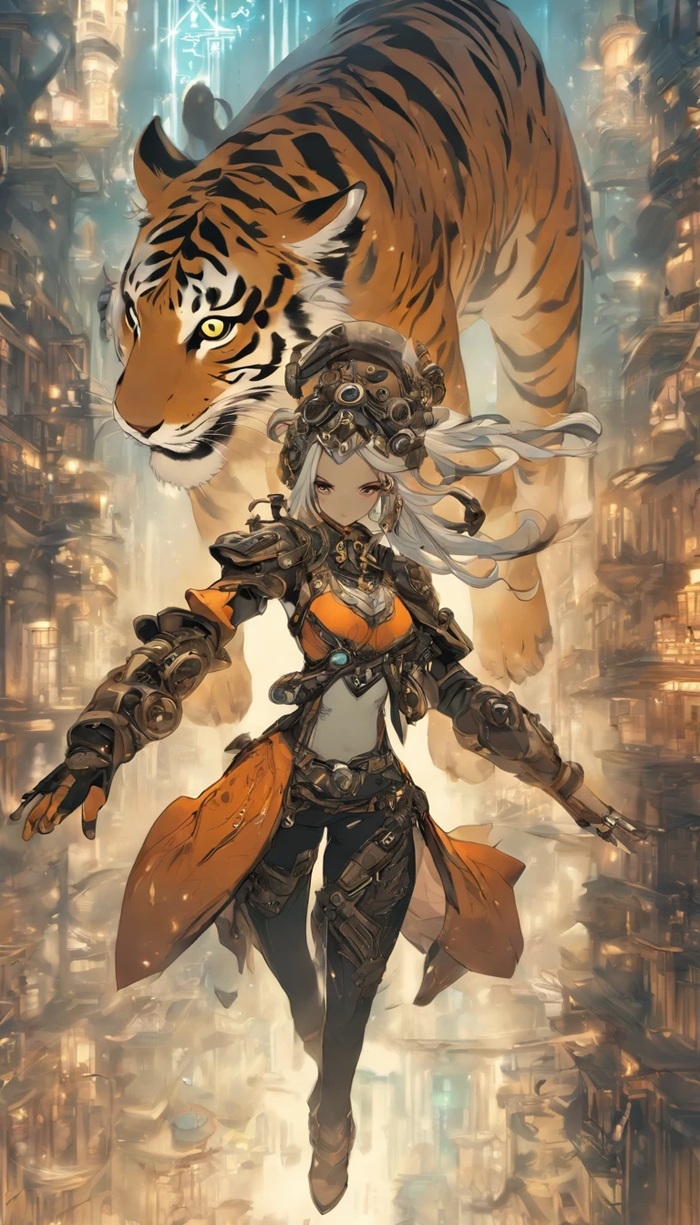 Chinese ink style,Steampunk world,Tiger-shaped steampunk warframe girl,Jet steam is suspended in the city air,Ink animation art,Ink comic art,water ink,ink,Smudge,8K,Delicately portrayed,Works of masters,Black and white tones