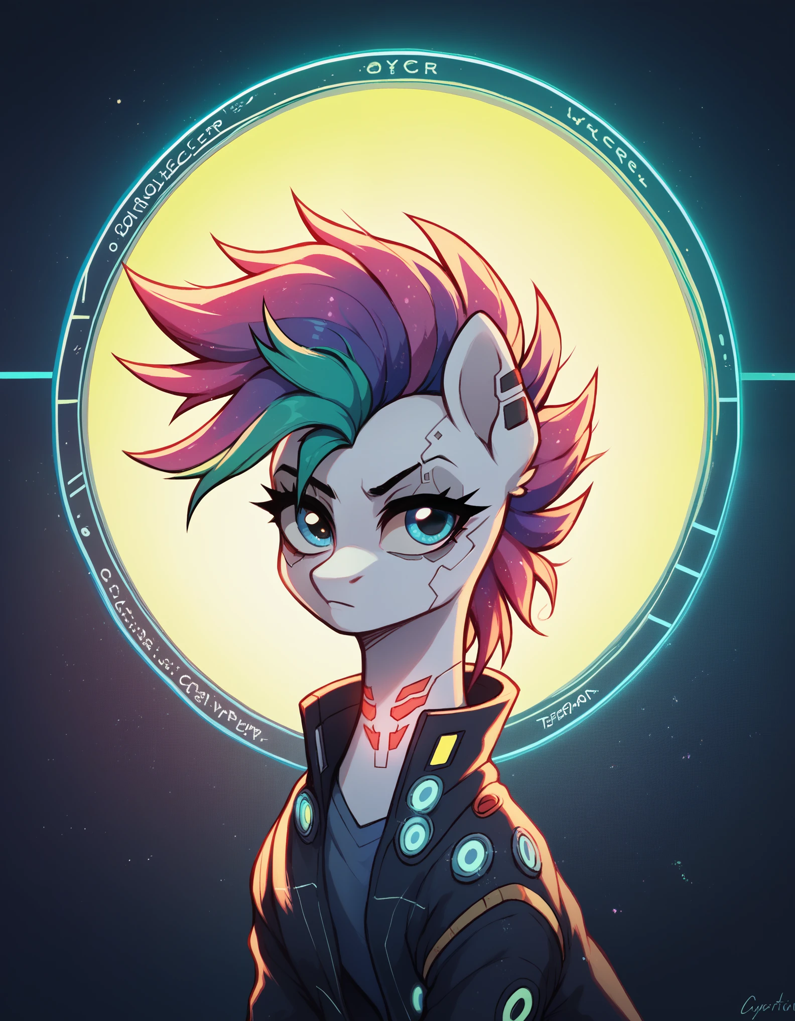 score_9,score_8_up,score_7_up,score_6_up, Cyberpunk pony, cyber-punk fashion, glowing backlight, tech-city scene, glitter, whimsical, enchanted, magical, fantasy art concept, intricate details,