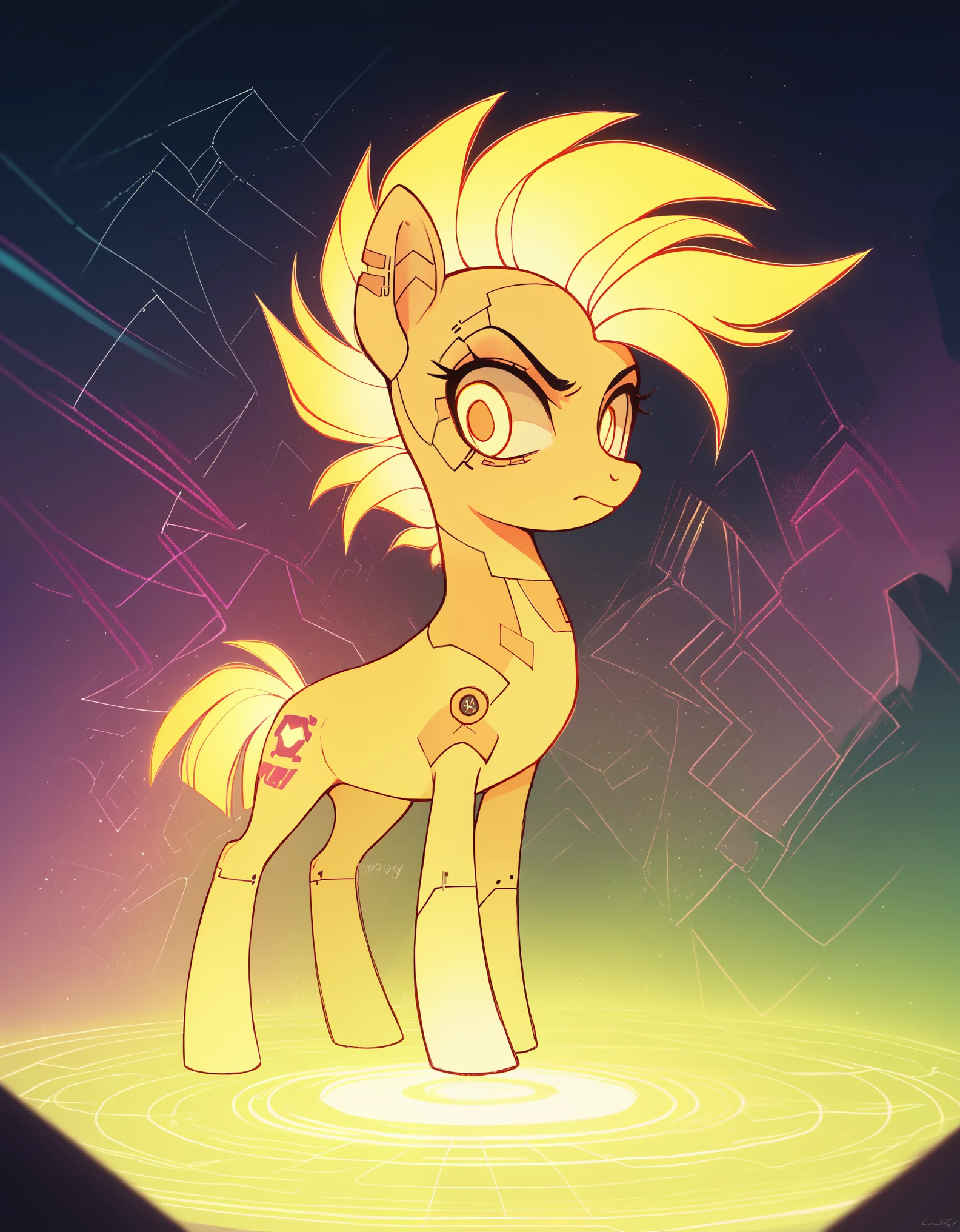 score_9,score_8_up,score_7_up,score_6_up, Cyberpunk pony, cyber-punk fashion, glowing backlight, tech-city scene, glitter, whimsical, enchanted, magical, fantasy art concept, intricate details,