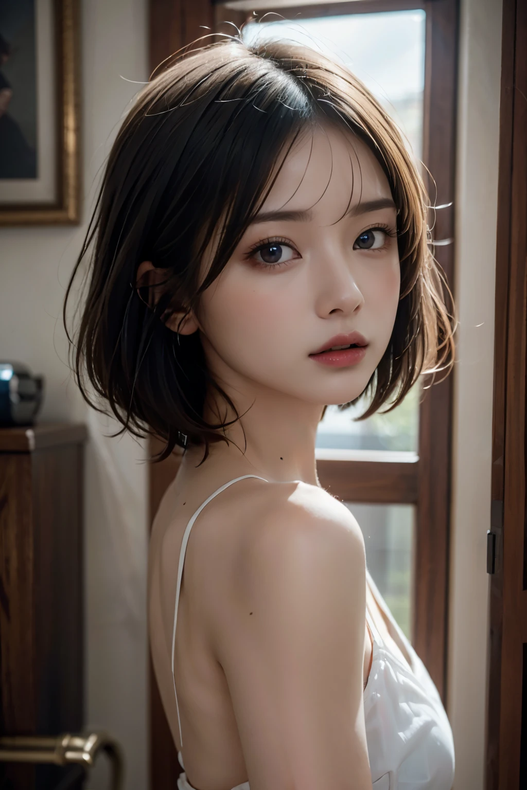 Ultra-high resolution、(Genuine:1.4)、One beautiful woman、Beautifully detailed eyes and skin、Light brown short hair、universeステーション、Bright interior、cloudy、SF taste、Movie quality、dramatic、Dramatic composition、universe、