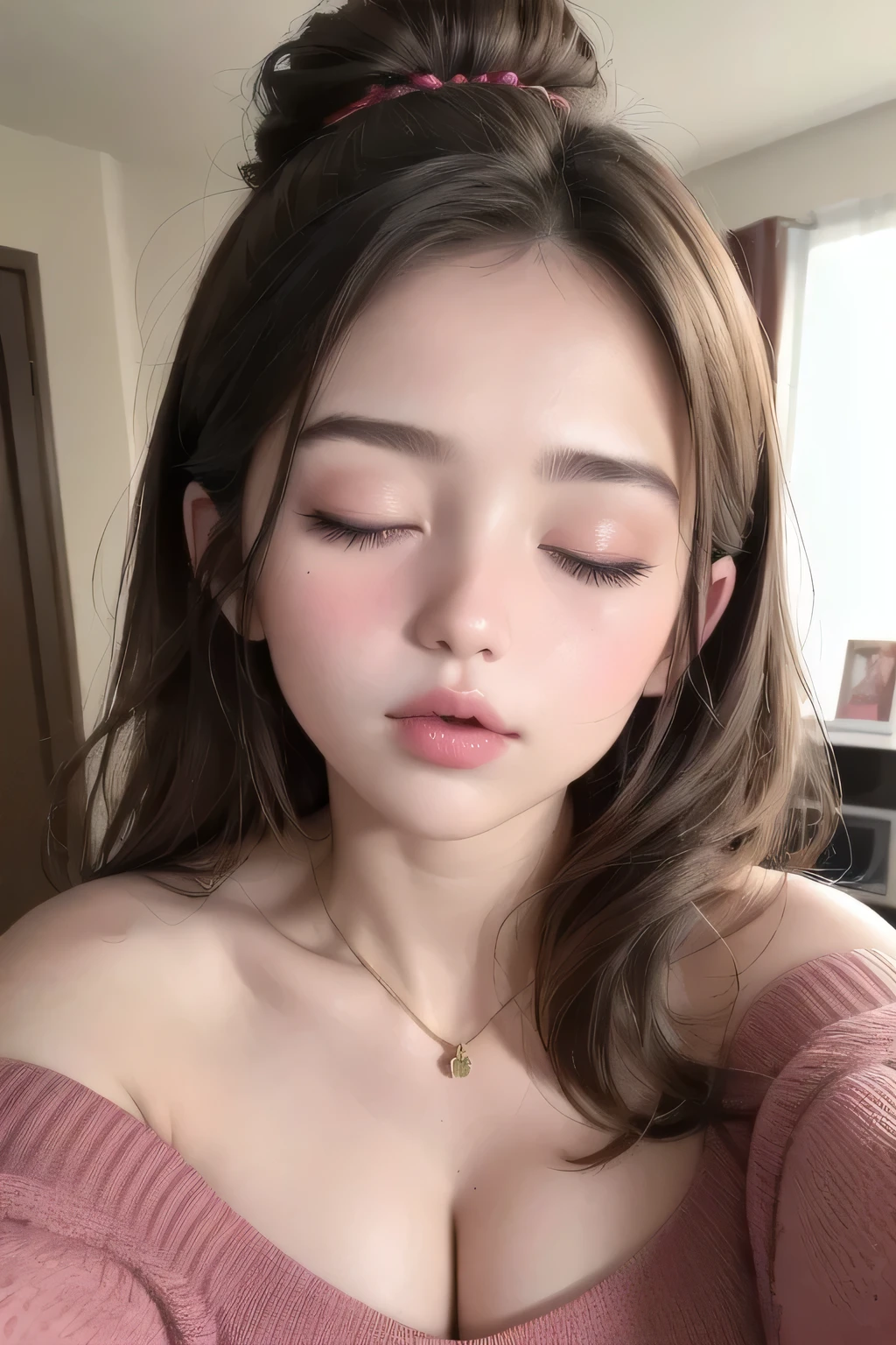 Amazing portrait of a sexy woman with a beautiful face and her eyes closed and mouth open with a very deep blush and the tip of the nose is red with a long neck wearing an off shoulder pink sweater having a medium chest with visible cleavage in a bedroom with warm lighting and she's lying on a bed with her head on a pillow facing the viewer