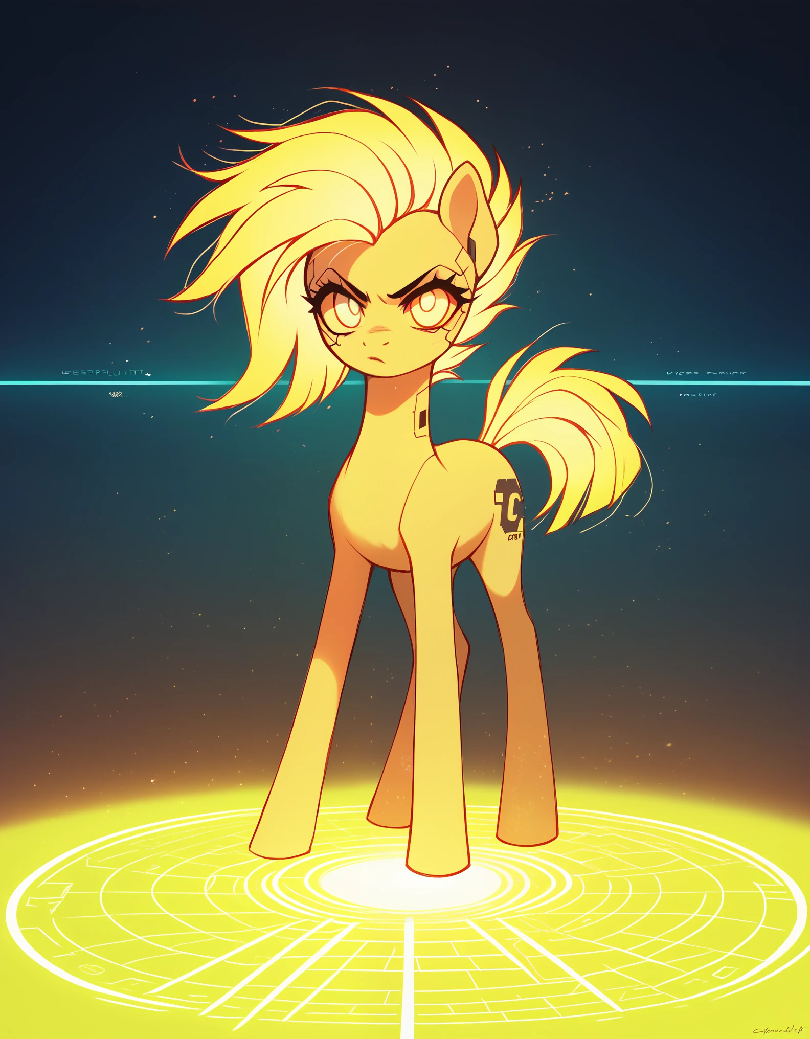 score_9,score_8_up,score_7_up,score_6_up, Cyberpunk pony, cyber-punk fashion, glowing backlight, tech-city scene, glitter, whimsical, enchanted, magical, fantasy art concept, intricate details,