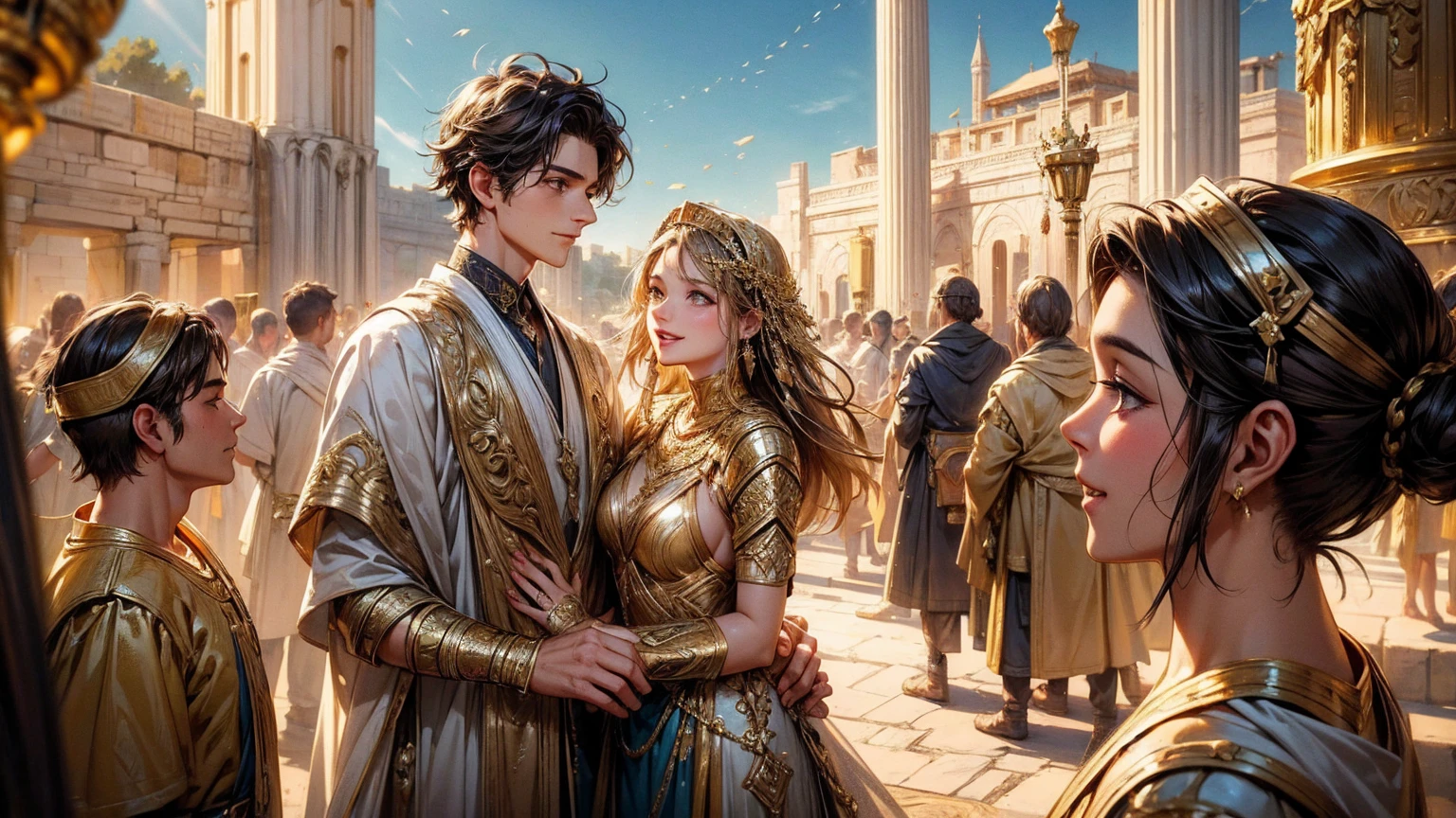 A happy couple, Ruth and Boaz, in ancient Israel, with a nostalgic golden sparkle. - Main body: A happy couple, Ruth and Boaz, in ancient Israel - Materials: nostalgic golden sparkle - additional details: detailed facial expressions, traditional clothing, serene background landscape - Image quality: (best quality, ultra-detailed), highres, vivid colors - artistic style: portraits, landscape - color tone: warm tones, golden hue: soft diffused light, illuminating their joyful expressions