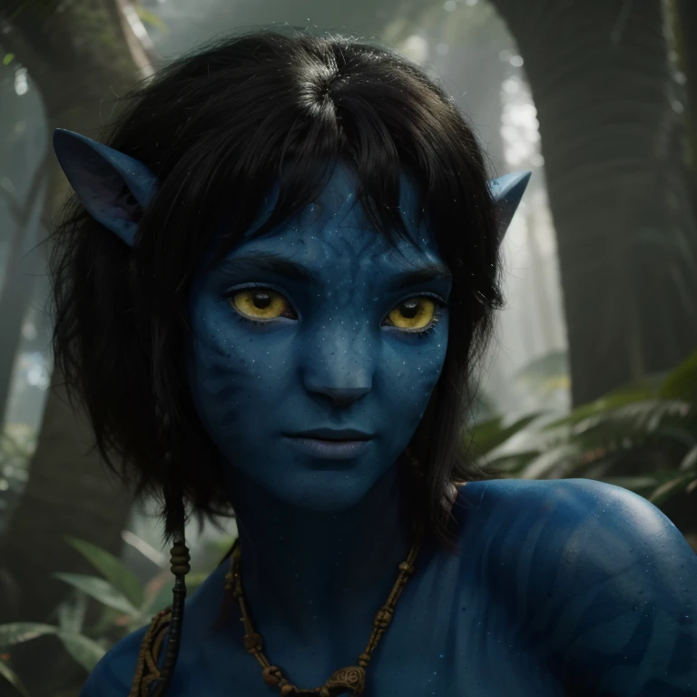 avtr:1.1, avatar style, portrait:1.6, 1girl, female, (AvKiri), (blue skin tone:1.0), (long curly hair:1.0), black hair color, yellow eyes, (young adult), 18 years old:1, face wrinkles, wearing tribal clothing, detailed eyes, toned body, muscled body, vibrant colors, glowing, ethereal atmosphere, surrealistic dreamy lighting, textured skin, otherworldly beauty, mesmerizing photography, (best quality, highres), vivid colors, ultrarealistic, skin details, striped skin, sfw, face close-up:0.5, ultradetailed body