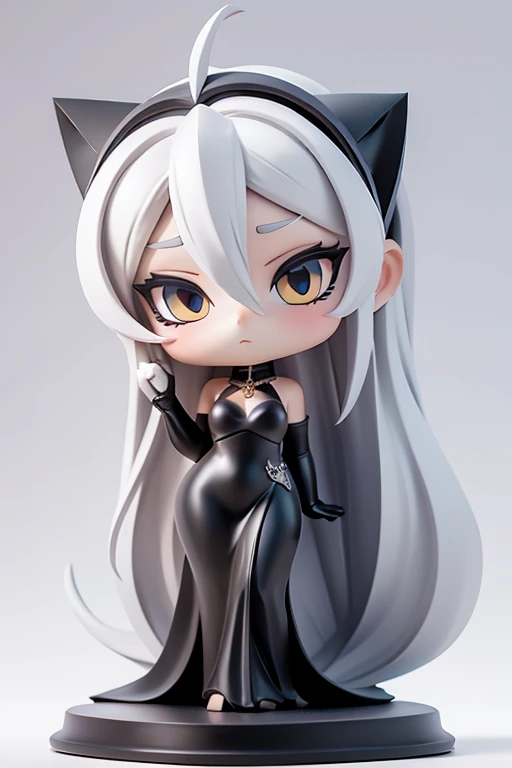 straight hair,whole body,black dress,platinum hair,white background,long hair.simple background,solo,1 girl,Cat ear,body in front,face forward.bronze statue,statue of liberty.queen consort