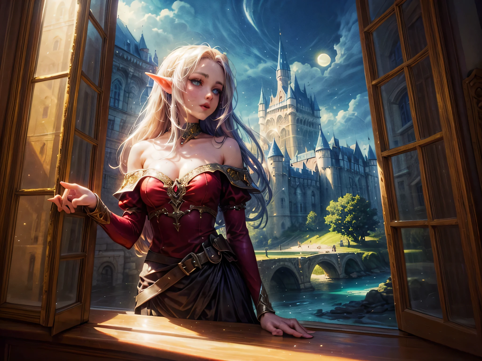 fantasy art, RPG art, a princess looking through her window at a magical castle, a beautiful elven princess looking through her window to see a magical castle, an impressive best detailed castle, with towers, bridges, a moat, standing on top of a mountain, moon, 