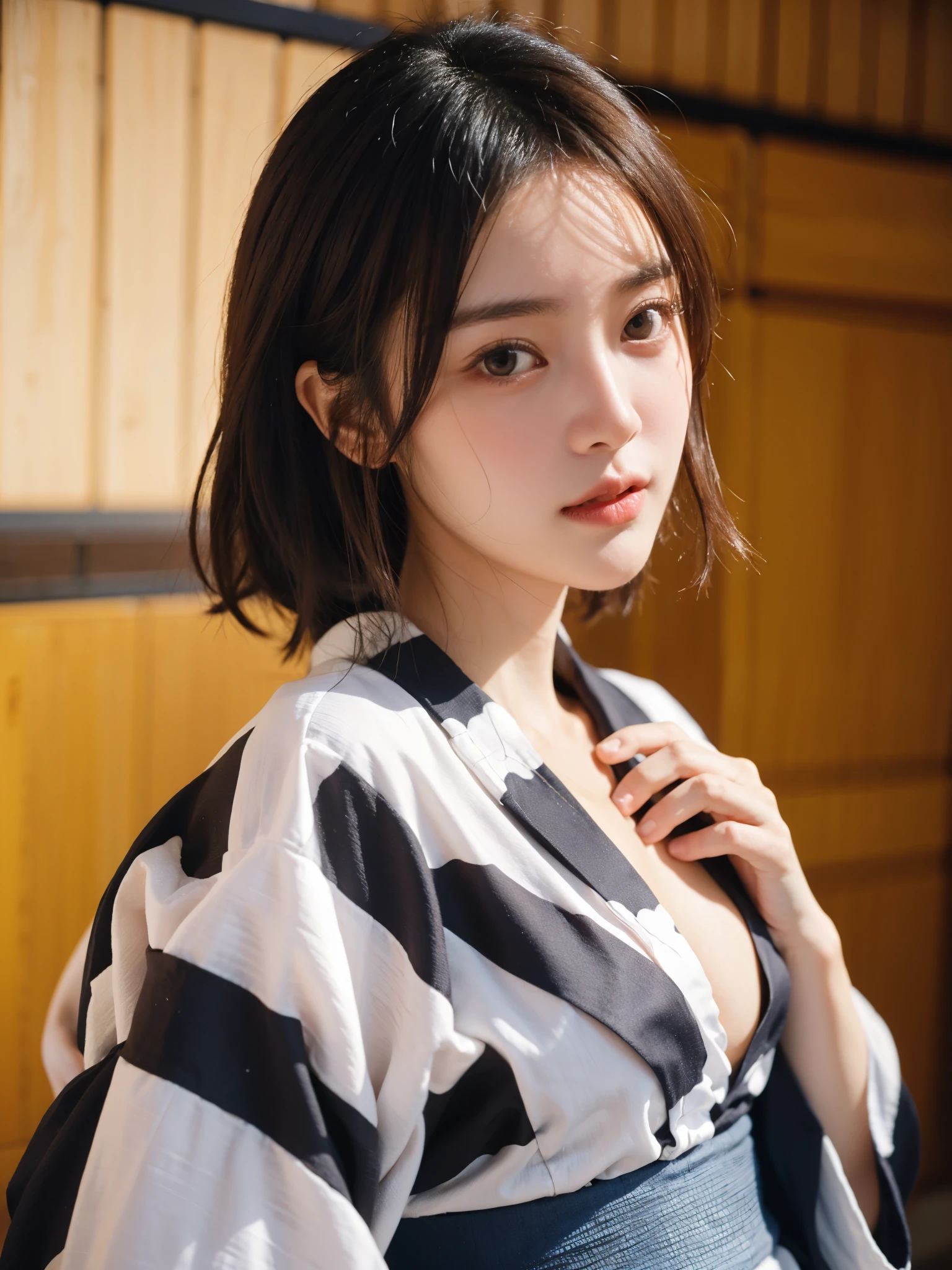 Japanese-style room、Open yukata、(((Big fully open yukata:1.4)))、((No makeup:1.2))、(no bra:1.5)、(open clothes:1.4)、(Sexual scenes、Realistic、Photorealistic、Best detailed skin、超A high resolution)、Cute Japanese Woman、17 years old、High school girl、Young girl、1 girl、Has bangs、double eyelid、purity、Transparent fair skin、Fluffy hair、Red cheeks、Bright atmosphere、(Very large round breasts:1.3)、Beautiful Eyes、Detailed eyes、It is detailed、Long eyelashes、美しいdouble eyelid、Quite embarrassed look、Red cheeks,Duck Mouth、Camera angle from below、looking at the camera