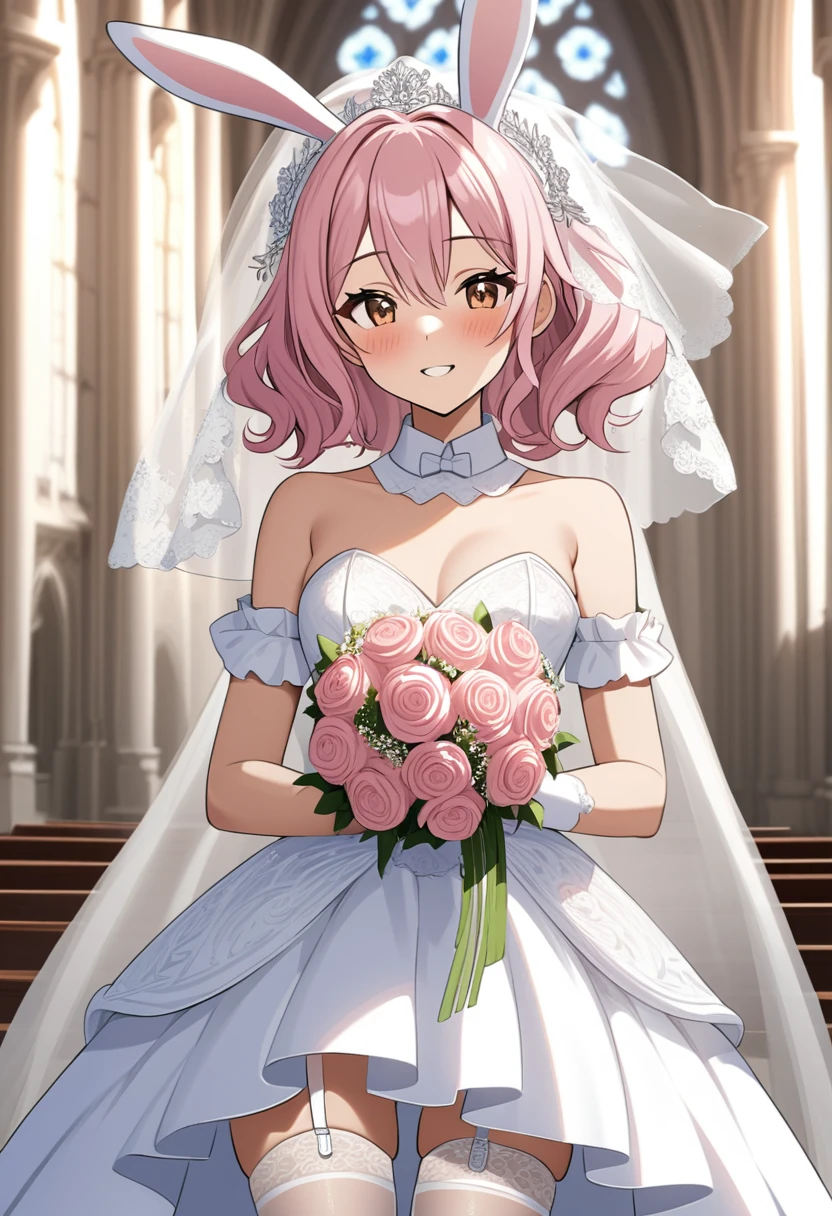 (arknights)(1girl(Pink Hair,Wavy Hair,(tanned skin),wedding veil,wedding dress,frilled skirt,Garter Stockings,arm cover,bunny ears,tiara))((happy)(blush))A small, young princess holding a bouquet to be married in a cathedral