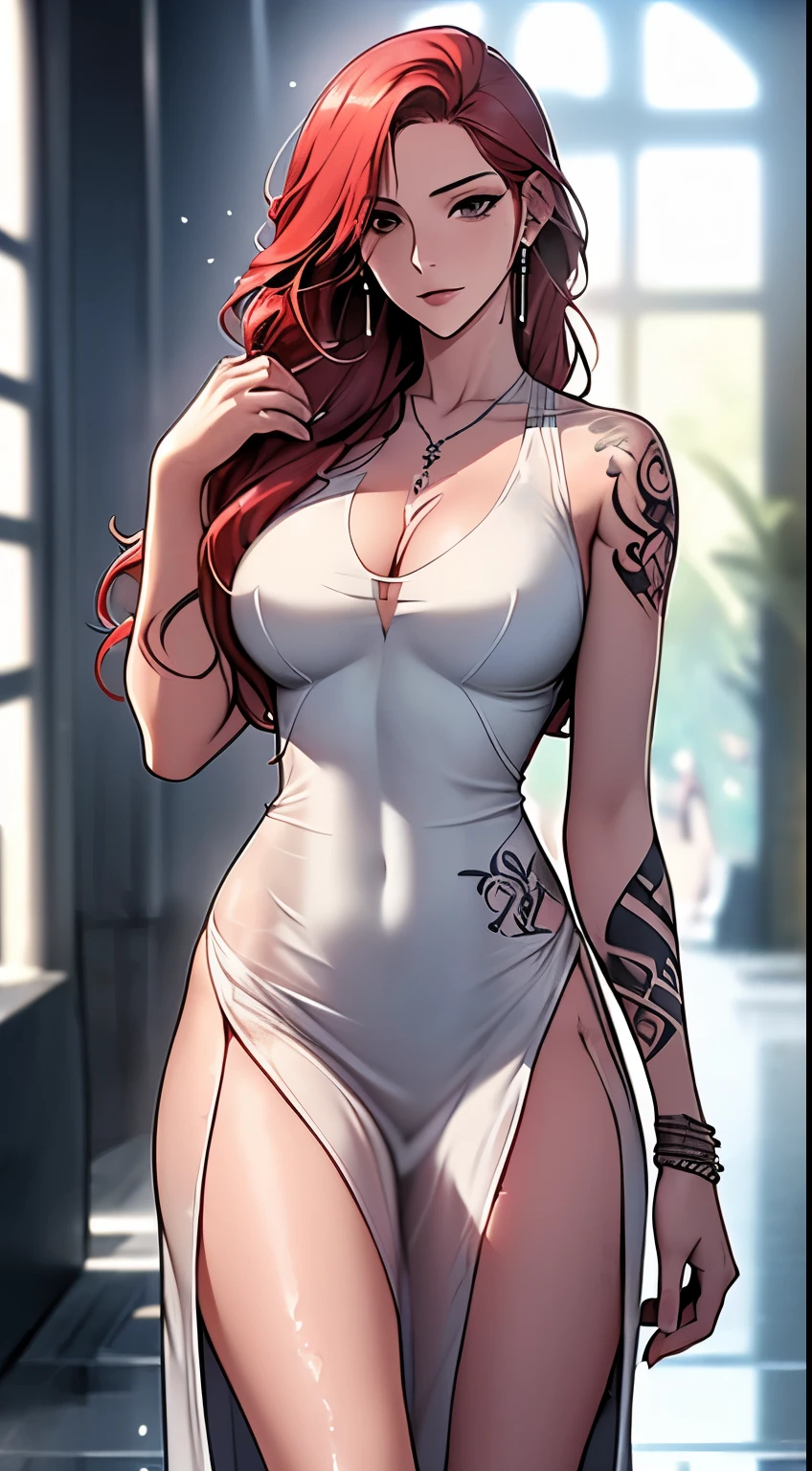 8k, RAW photo, best quality, extremely delicate and beautiful, highres, original,masterpiece:1.2,1girl,mature female,cleavage,marble floor, (transparent dress:1.5),(((see through))),(((chest tattoo))),(red_hair:1.2),fluorescent hair， bangs, long_hair, earrings, jewelry, hair_between_eyes, closed_mouth, purple_eyes,(((clothing cutout))),(((wet clothing))),(((wet body))),(((Thigh tattoo))),(big breasts), textured skin,cowboy shot，(((High slit dress))), ((leg tattoo)), ((groin)), sleeveless，(wet skin:1.2)，Hot, (sweaty body:1.2)， swimming pool，
