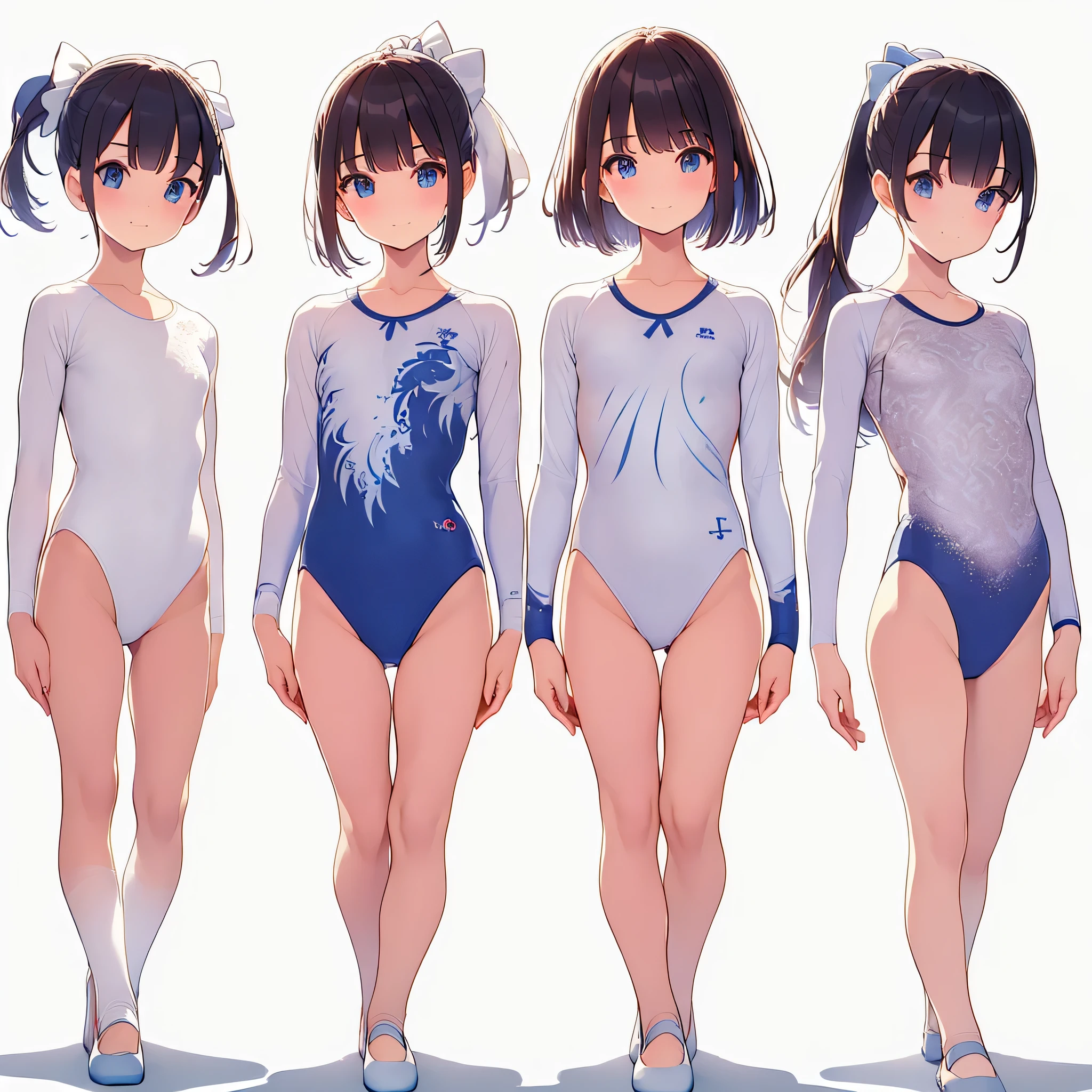 Gymnastics club,(3 girls:1.3),(long sleeves leotard:1.3),(brocade pattern leotard:1.3),(white leotard),full body, pony tail, blue ribbon, long hair,(gymsuit:1.3),over 20 years old, under 25 years old:1.2), ballet shoes, white background