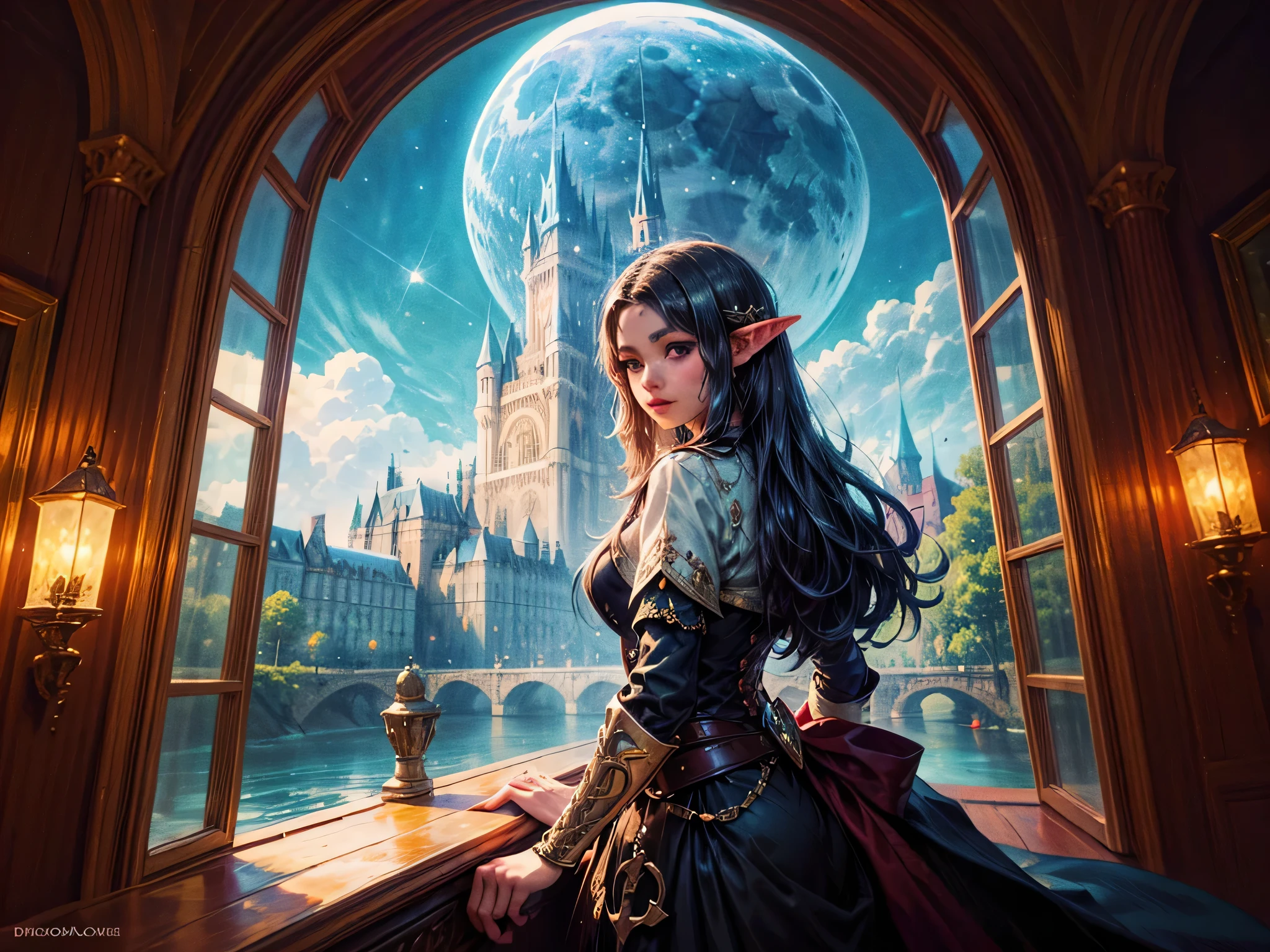 fantasy art, RPG art, a princess looking through her window at a magical castle, a beautiful elven princess looking through her window to see a magical castle, an impressive best detailed castle, with towers, bridges, a moat, standing on top of a mountain, moon, 