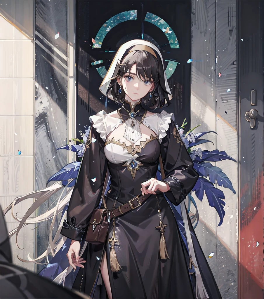 absurdres, RAW photo, extremely delicate and beautiful, masterpiece, Best Quality, ultra high resolution, 32k, hyperrealistic, ultra-detailed, detailed description, pale skin, 20 years old, detailed beautiful face and eyes, tearful mole, earring, very huge round breasts, short medium hair, wavy hair, (full body shot), alone, Mysterious nun, ((combat armor costume)), Weapons with a cross motif,
