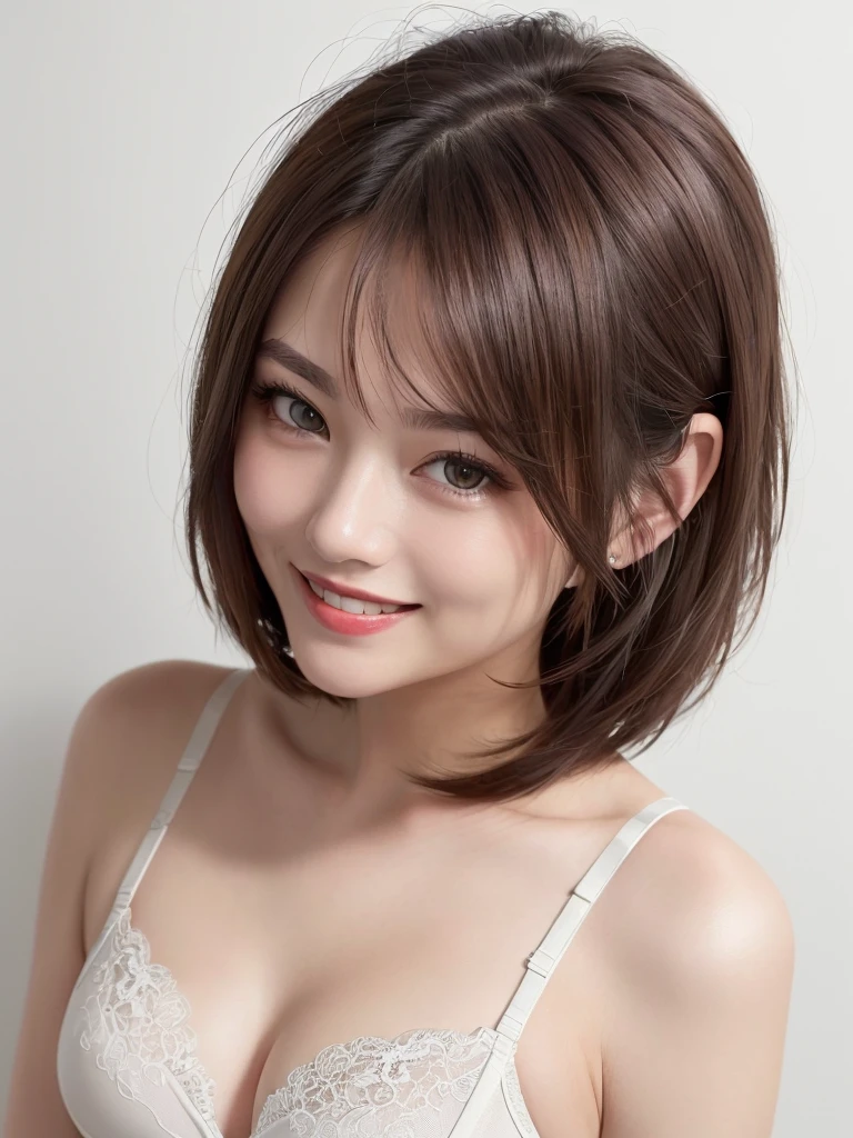 (highest quality、8k、32k、masterpiece)、(Realistic)、(Realistic:1.2)、(High resolution)、Very detailed、Very beautiful face and eyes、1 girl、Round and small face、Tight waist、Delicate body、(highest quality、Attention to detail、Rich skin detail)、(Realistic、Realistic:1.37)、Bright colors、(((Brown Hair)))、(((Bust Shot)))、(((Medium Hair)))、(((Thin eyebrows)))、(((Stylish hairstyle)))、(((Pure white wall background)))、(((Pure white wall background)))、(((smile)))、(((White Lace Bra)))、(((White lace panties)))、(((Brown Hair)))、(((I&#39;I&#39;I&#39;m combing my hair with my right hand)))、(((Full body photo)))、