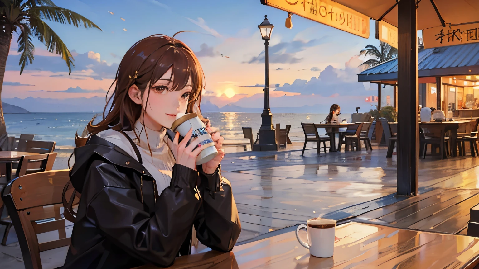 A warm and cozy cafe　Woman drinking coffee　Relaxing　Outside, the sparkling beach