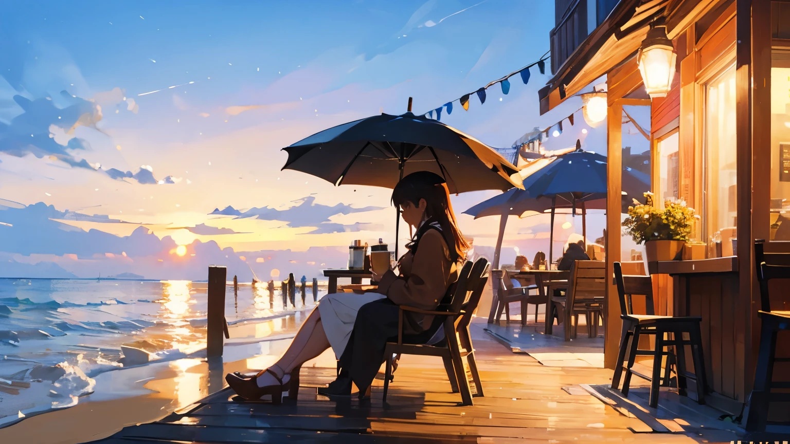 A warm and cozy cafe Woman drinking coffee Relaxing Outside, the sparkling beach