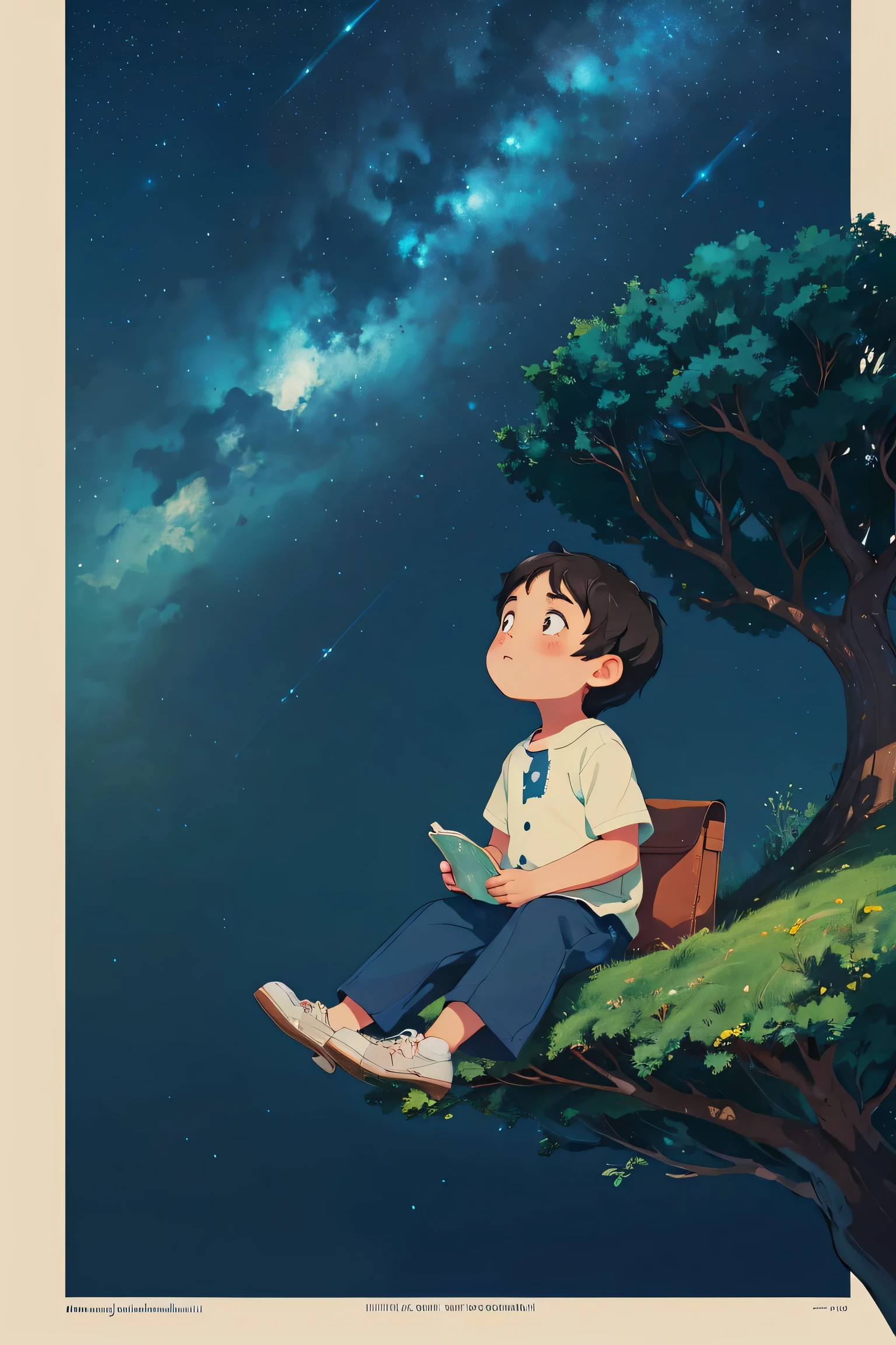 children book design,The man sat under a thick tree, looking up at the starry sky.  create a sea background and show a calm breeze . with cinematic color strokes. With title (((hilangkah??:1.5))) 