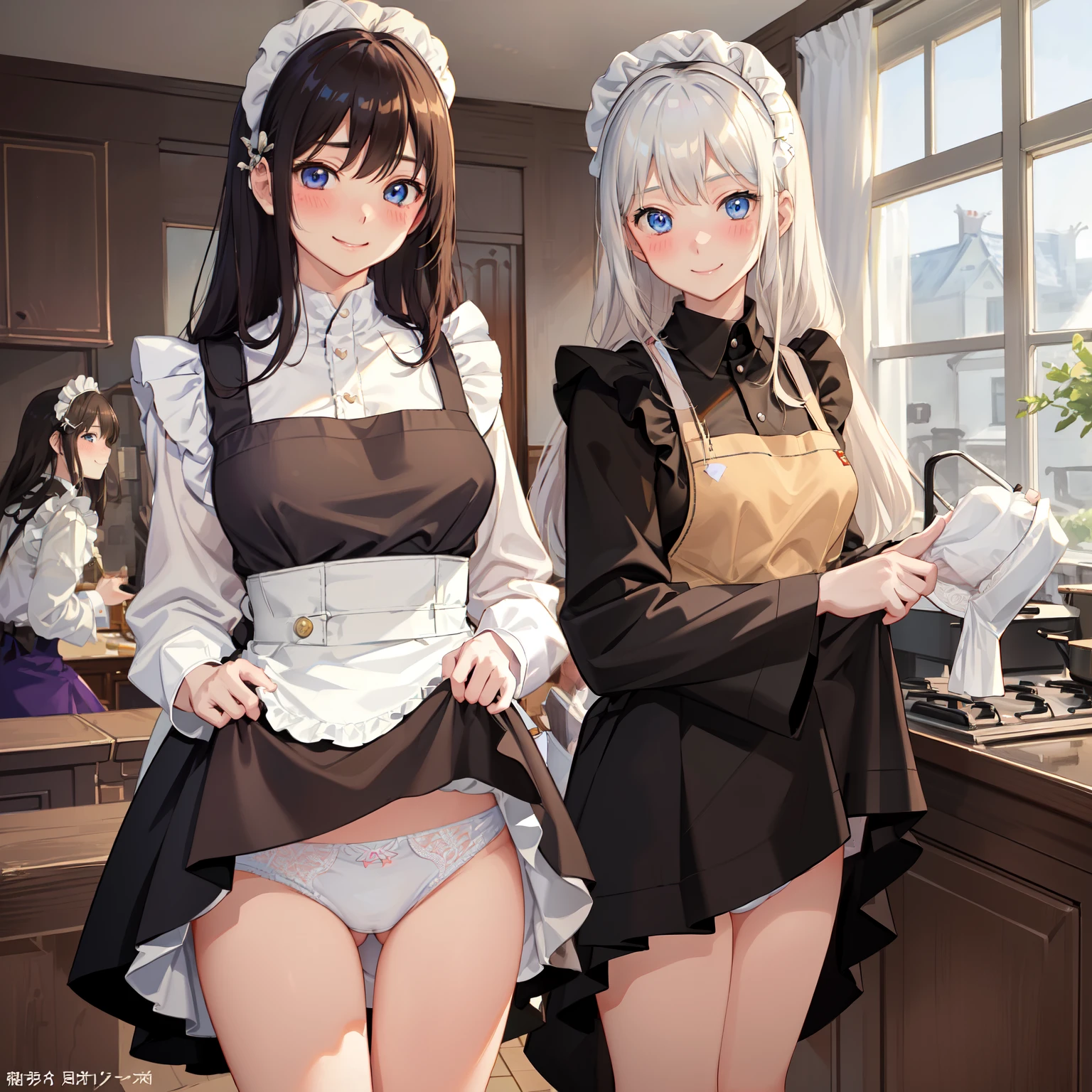 highest quality、masterpiece、((2 women))、((smile:1.3))、(blush:1.3)、Black Shirt、blouse、((fun!!))、(Small breasts)、()、Blonde、(Long sleeve)、((White apron:1.5))、((Maid))、((hair ornaments)),、Kamimei、look at me、 ((in house:1.5))、 Taking a break from watching the audience、Cowboy Shot、(Skirt lift:1.3),(Highly detailed white panties:1.3)、(Highly detailed panties:1.3)、、(スカート that rolls up:1.3)、(Panties fully exposed:1.5)、Light blue eyes、long hair、Glowing Eyes