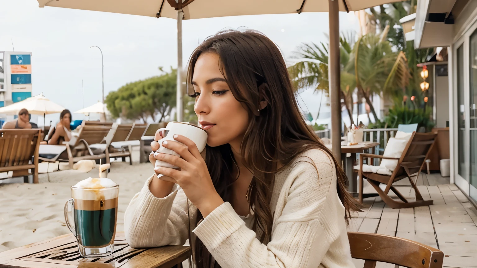 A warm and cozy cafe Woman drinking coffee Relaxing Outside, the sparkling beach