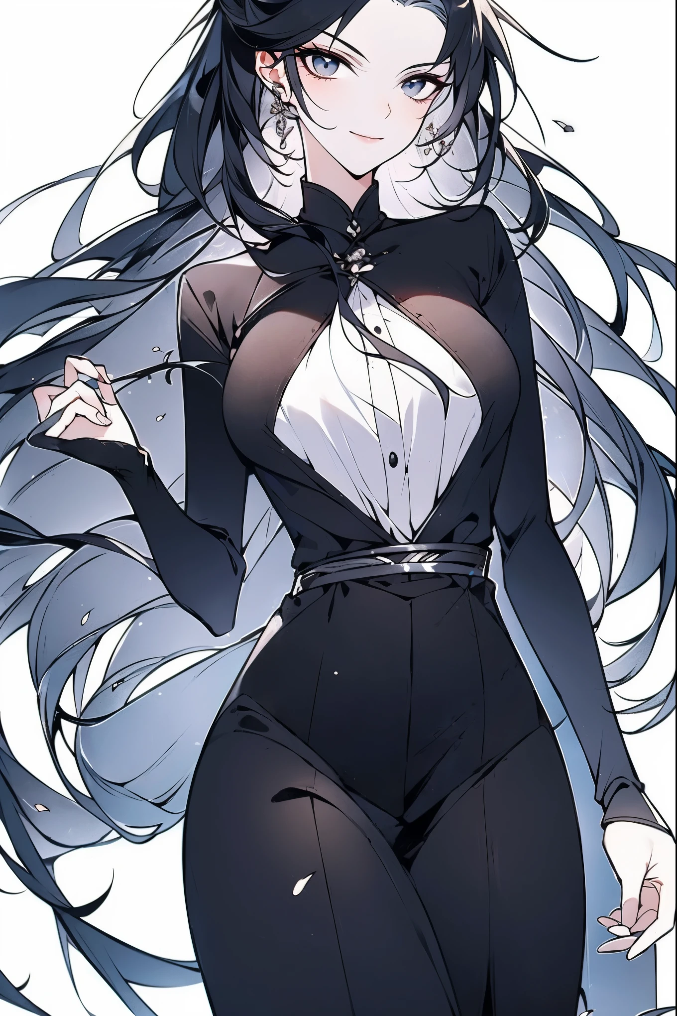 *a woman is seen with long, neat white hair with a face like an angel with red pupils*

*The woman is wearing a neat black suit with a white shirt and black tie*

*the woman is wearing black trousers and black leather shoes*

 I'm Eleinor...  And... What is your business...? 
*her voice is flat and cold without expression*

*both hands wear black rubber gloves stained with fresh blood*