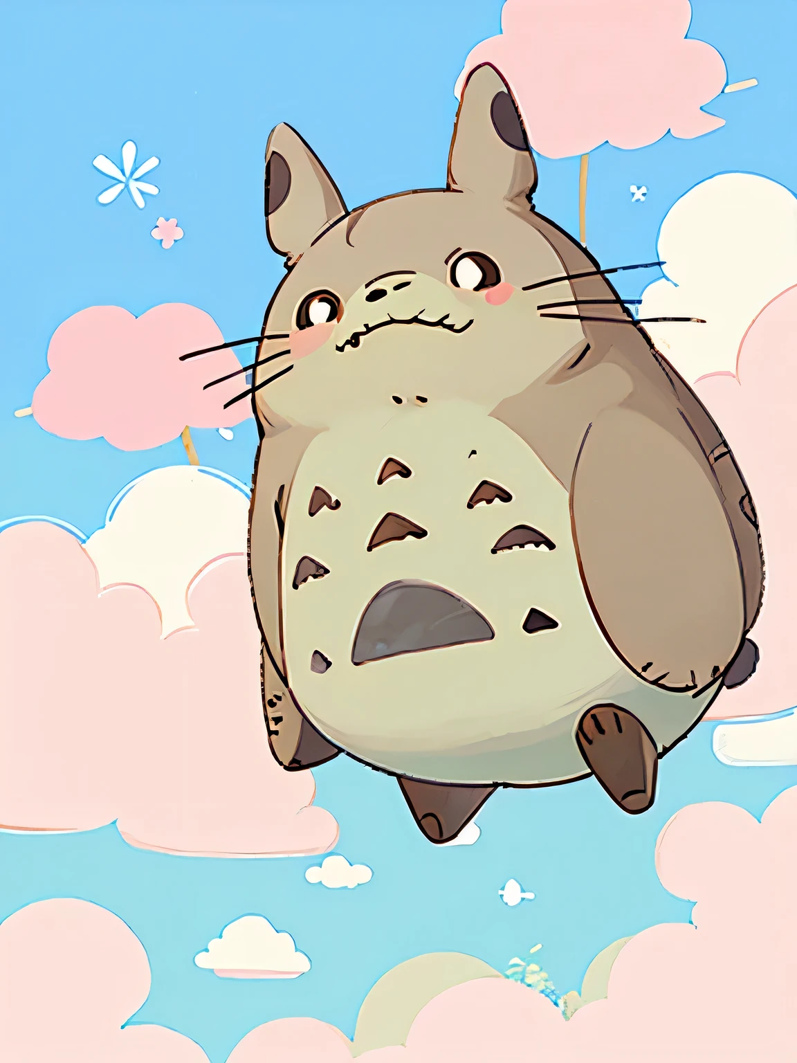 Momoko Sakura style, Kawaii Design, Chibi, (((on the Clouds))), Totoro, My Neighbor Totoro&#39;s Forest