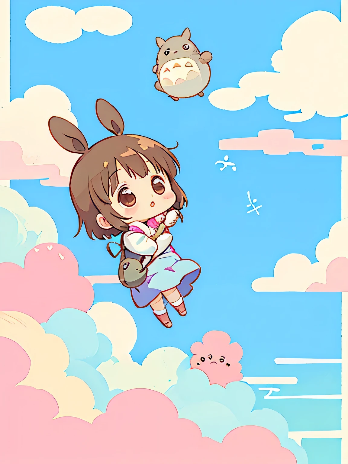 Momoko Sakura style, Kawaii Design, Chibi, (((on the Clouds))), Totoro, My Neighbor Totoro&#39;s Forest