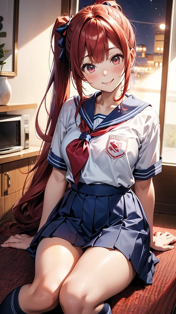 ore no imouto ga konna ni kawaii wake ga nai, 25-yers-old girl with crimson red hair- pulled up into twin ponytails, wearing a blue sailor suit and pleated skirt, long thigh length socks, living room at night background, lying on the floor, smiling, head tilted to the left, side view