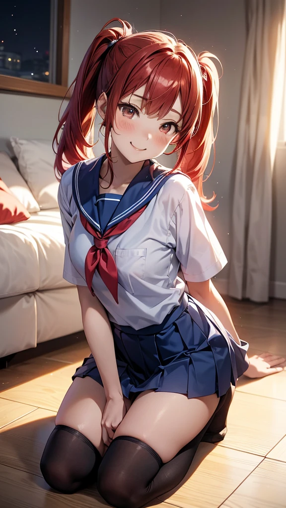 ore no imouto ga konna ni kawaii wake ga nai, 25-yers-old girl with crimson red hair- pulled up into twin ponytails, wearing a blue sailor suit and pleated skirt, long thigh length socks, living room at night background, lying on the floor, smiling, head tilted to the left, side view