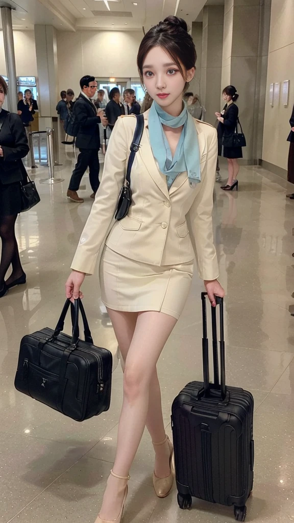 ((Incredibly stylish and beautiful)), ((really meticulous CG)), (realistic)、(intricate details:1.2)、(masterpiece、:1.3)、(top quality:1.4)、(Ultra A high resolution:1.2)、Ultra A high resolution, 8K resolution, Very detailed expression, studio soft light, vivid details, super detailing, complete anatomy, realistic skin texture, realistoc shading, (Highly detailed CG Unity 16k wallpaper), (High Quality), full body photo, 1 girl, (korean facial makeup : 1.4), beautiful: 1.3, a little smile, walking, ((crew cut, bun hair, flight attendant hair style)), perfect figure, femur, medium chest, Medium Body, Korean flight attendant, (Random colored Flight attendant uniforms),(Flight attendants in uniform), detail face, warm gaze, clear eyes, beautiful detailed eyes, small nose, small head, sky colored silk petit scarf, nude-colored shiny pantyhose : 1.5, court shoes)), air terminal, airport lobby, luggage, random color : 1.2, boarding an airplane, detailed background