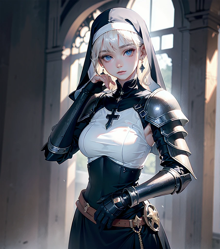 absurdres, RAW photo, extremely delicate and beautiful, masterpiece, Best Quality, ultra high resolution, 32k, hyperrealistic, ultra-detailed, detailed description, pale skin, 20 years old, detailed beautiful face and eyes, tearful mole, earring, very huge round breasts, short medium hair, wavy hair, (full body shot), alone, Mysterious nun, ((combat armor costume)), Weapons with a cross motif,