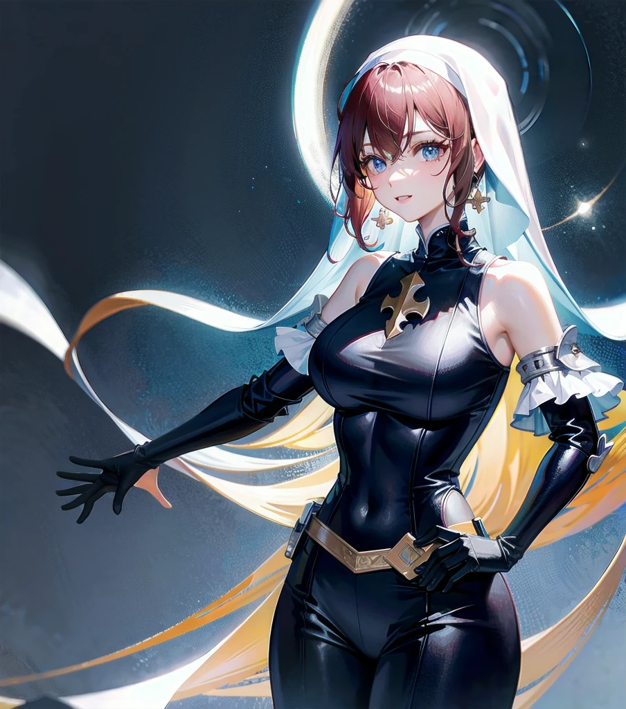 absurdres, RAW photo, extremely delicate and beautiful, masterpiece, Best Quality, ultra high resolution, 32k, hyperrealistic, ultra-detailed, detailed description, pale skin, 20 years old, detailed beautiful face and eyes, tearful mole, earring, very huge round breasts, short medium hair, wavy hair, (full body shot), alone, Mysterious nun, ((combat armor costume)), Weapons with a cross motif,
