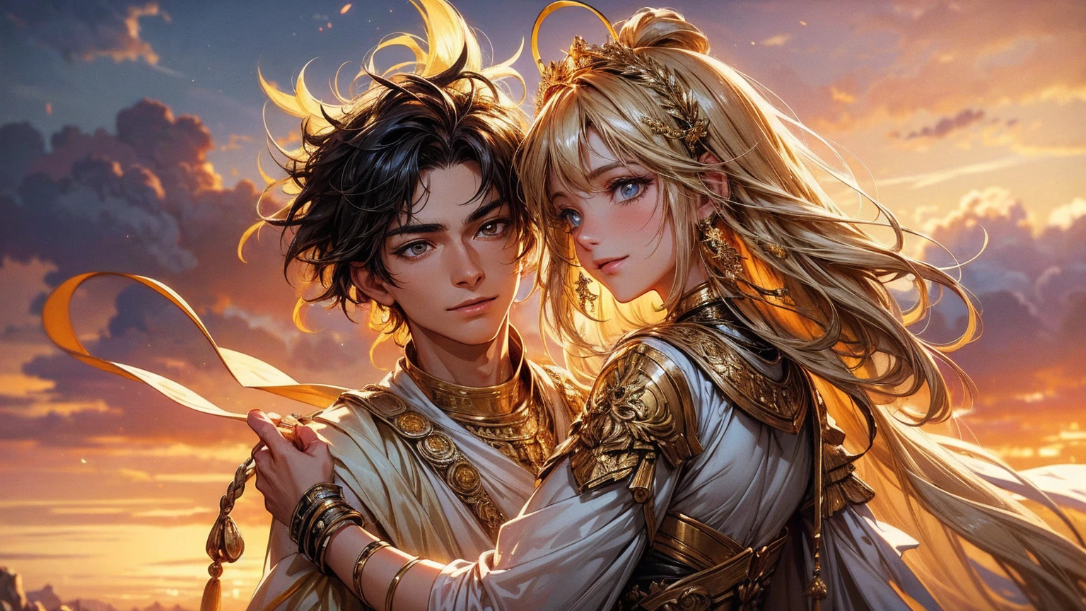 masterpiece, 最high quality, high quality, Highly detailed CG Unity 8k wallpaper, A happy couple, Ruth and Boaz, in ancient Israel, with a nostalgic golden sparkle. - Main body: A happy couple, Ruth and Boaz, in ancient Israel - Materials: nostalgic golden sparkle - additional details: detailed facial expressions, traditional clothing, serene background landscape - Image quality: (best quality, ultra-detailed), highres, vivid colors - artistic style: portraits, landscape - color tone: warm tones, golden hue: soft diffused light, illuminating their joyful expressions