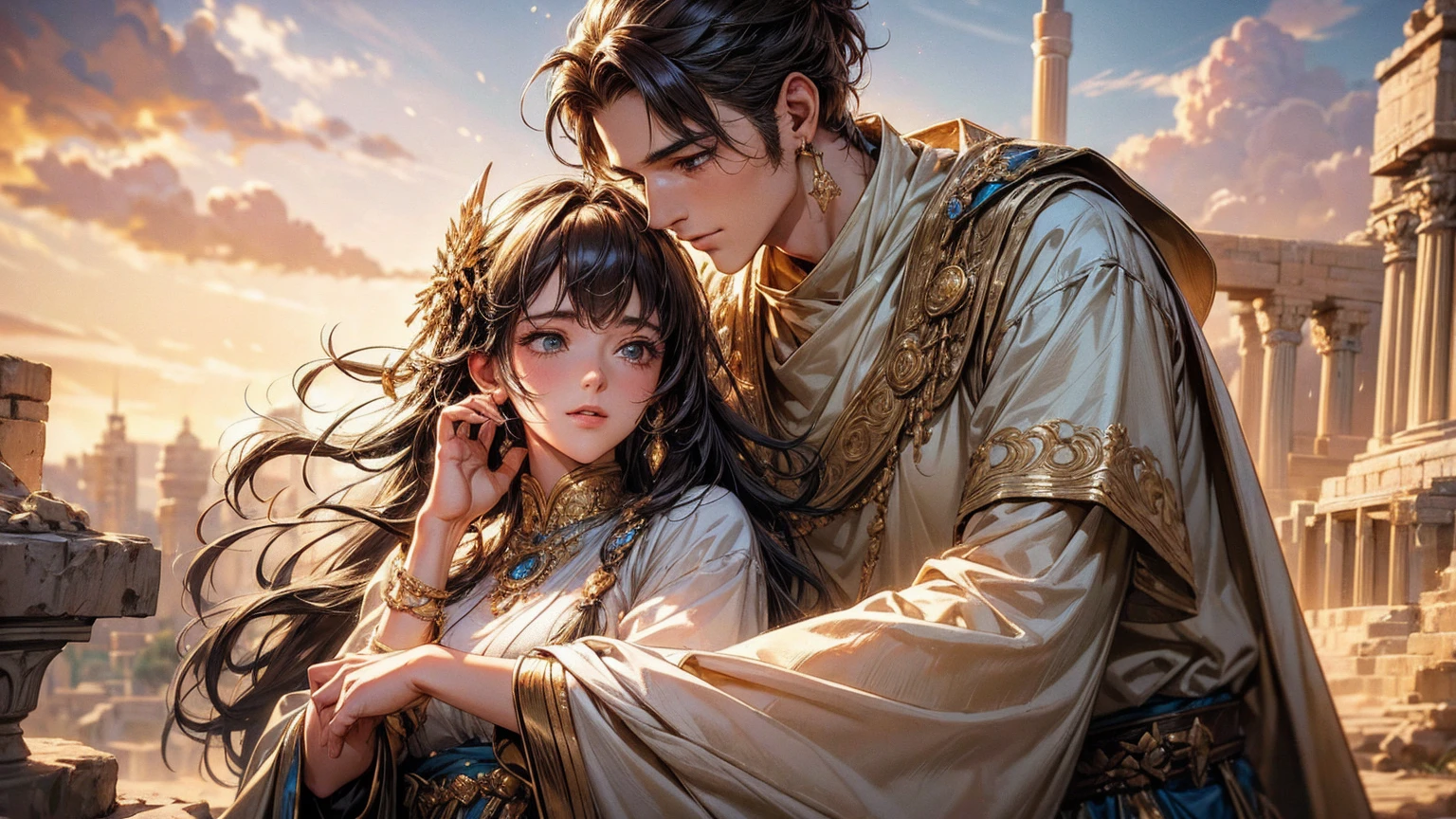 masterpiece, 最high quality, high quality, Highly detailed CG Unity 8k wallpaper, A happy couple, Ruth and Boaz, in ancient Israel, with a nostalgic golden sparkle. - Main body: A happy couple, Ruth and Boaz, in ancient Israel - Materials: nostalgic golden sparkle - additional details: detailed facial expressions, traditional clothing, serene background landscape - Image quality: (best quality, ultra-detailed), highres, vivid colors - artistic style: portraits, landscape - color tone: warm tones, golden hue: soft diffused light, illuminating their joyful expressions