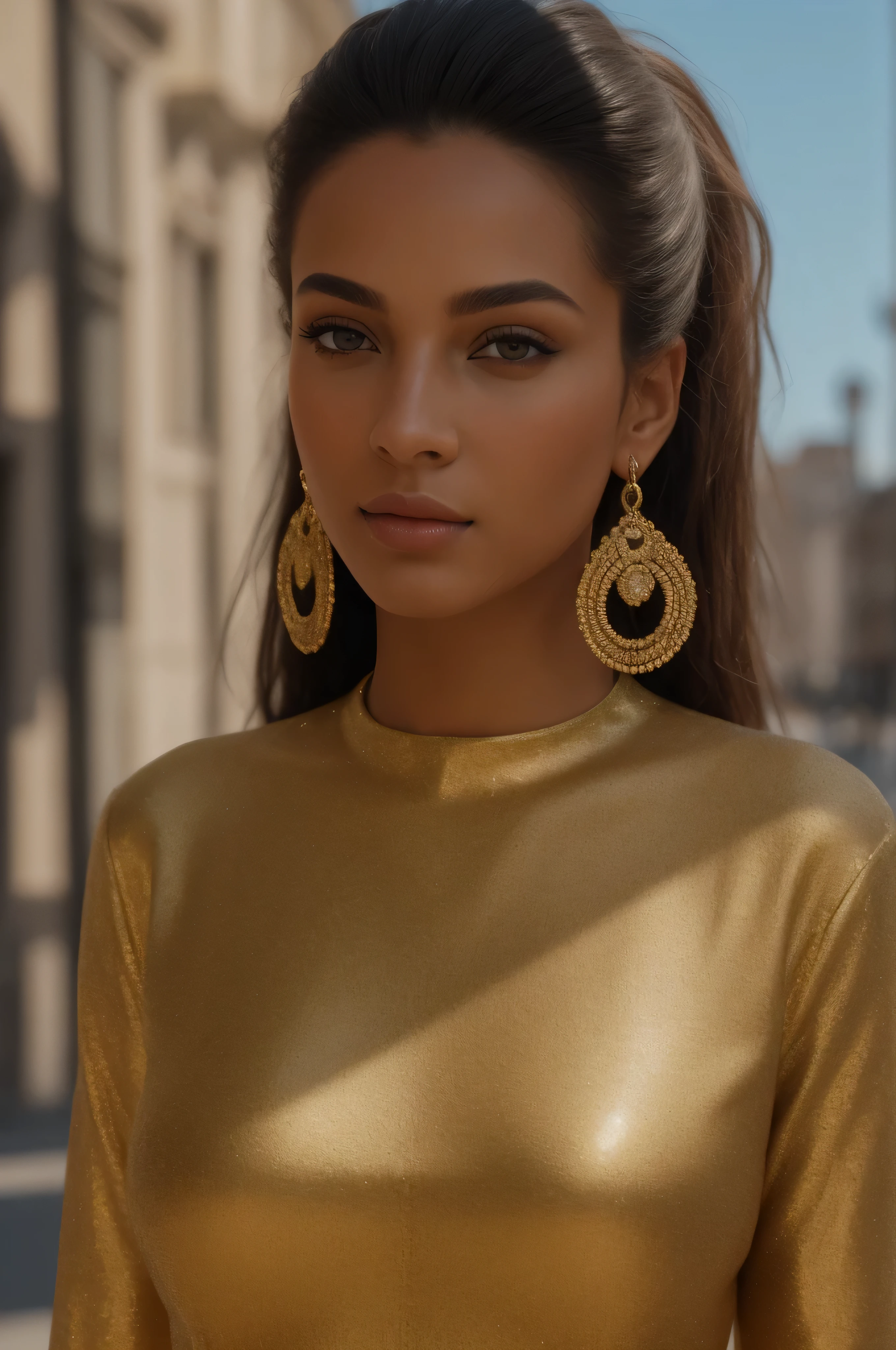 top model, on street, full body, detailed eyes, (highly detailed skin:1.2), pores on face, (realistic lighting:1.1), (realistic shadows:1.1), ((best quality)), (detailed), 8k uhd, phr8, epiCRealism, Nefertiti; realistic skin