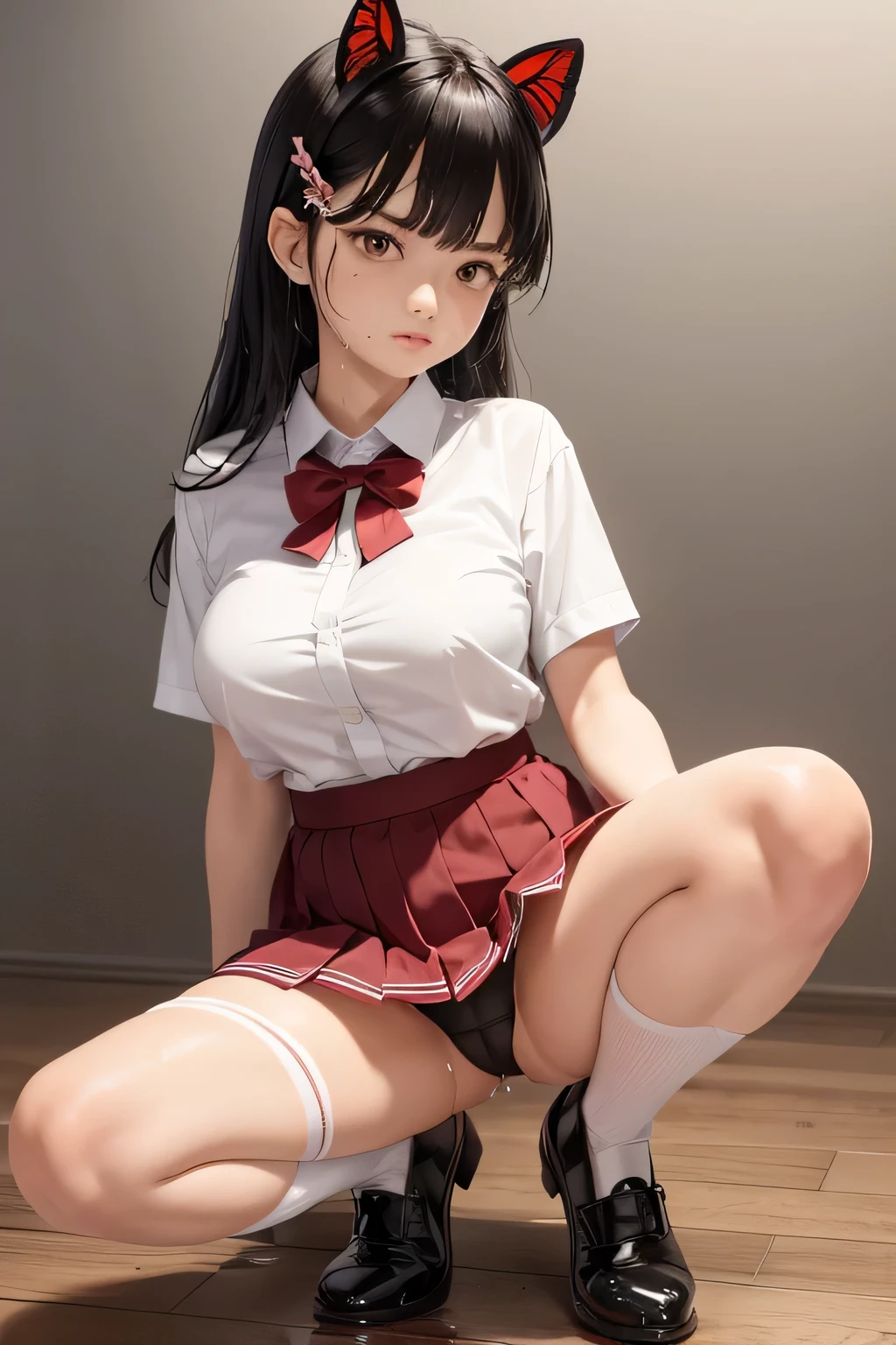 (masterpiece, best quality:1.2),illustration,8k,hd,1girl,solo,upper body,(portrait:1.2),horns,large breasts,very long hair,black hair,skirt,bow,pleated skirt,white shirt,red bowtie,short sleeves,collared shirt,parted bangs,white thighhighs,(summer sailor uniform, serafuku, red butterfly tie, naby pleated micro skirt, celeste string panties), sitting, squatting, spreading legs, (((torn clothes, dripping wet clothes))), 