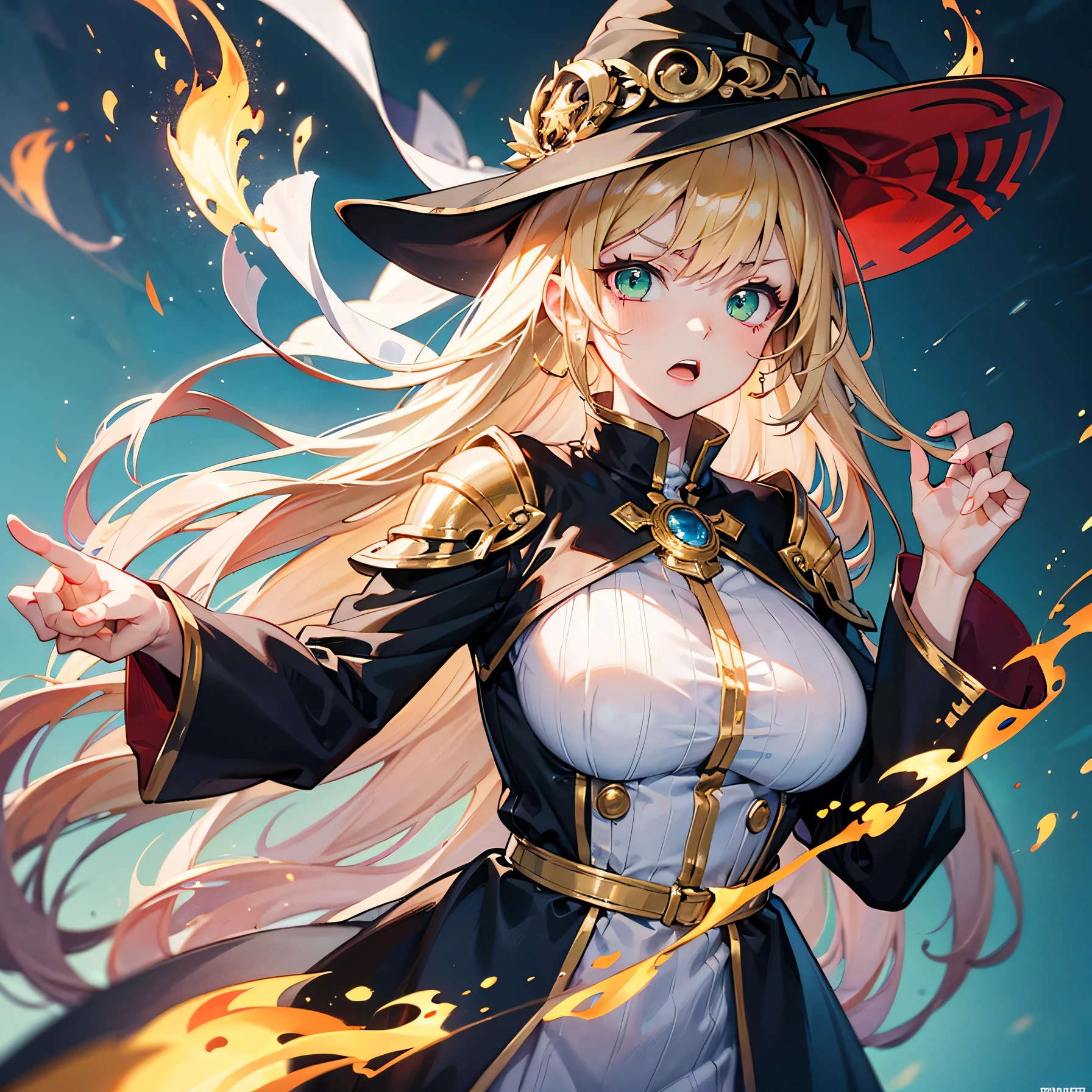 Anime art style,highest quality,High resolution,Anatomically correct,One Woman,Mid twenties,Blonde,Beautiful ironed hair,Super long hair,Green Eyes,Super detailed,Fantasy World,witch,White hat with gold trim,White cloak with gold trim,A black dress,Medium sized breasts,The red flame is burning intensely,A magical aura surrounds the body.,Intense flames swirl,Serious expression,Open your mouth,Eyes drawn in detail,8K