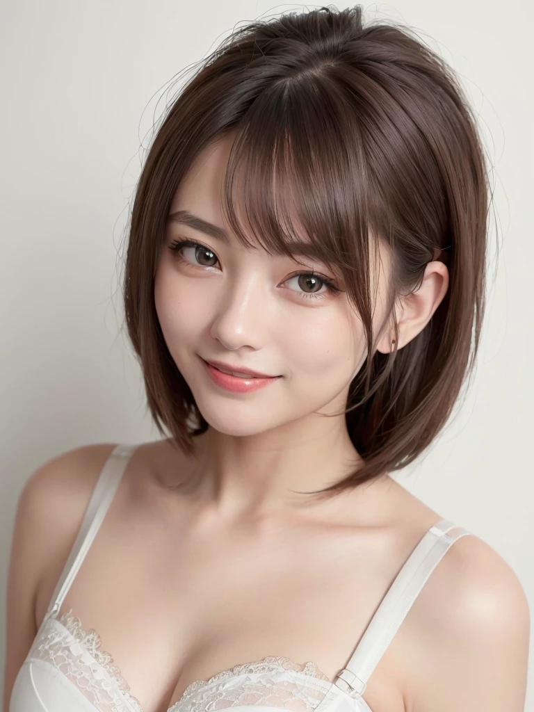 (highest quality、8k、32k、masterpiece)、(Realistic)、(Realistic:1.2)、(High resolution)、Very detailed、Very beautiful face and eyes、1 girl、Round and small face、Tight waist、Delicate body、(highest quality、Attention to detail、Rich skin detail)、(Realistic、Realistic:1.37)、Bright colors、(((Brown Hair)))、(((Bust Shot)))、(((Medium Hair)))、(((Thin eyebrows)))、(((Stylish hairstyle)))、(((Pure white wall background)))、(((Pure white wall background)))、(((smile)))、(((White Lace Bra)))、(((White lace panties)))、(((Brown Hair)))、(((I&#39;I&#39;I&#39;m combing my hair with my right hand)))、(((Full-body photos)))、