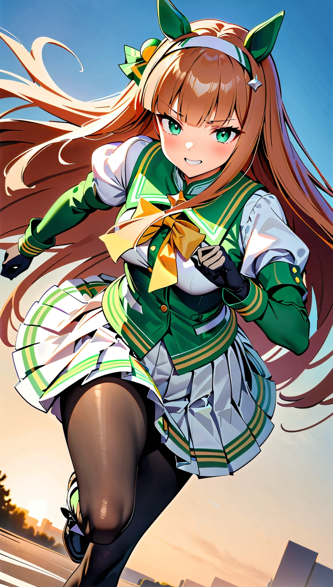 (high quality, 8k, 4K, High Contrast, masterpiece:1.2, 最high quality, Best aesthetics), ((1 female)), Silence Suzuka(umamusume), Black gloves, White Skirt, Pleated skirt, Black Pantyhose, Layered sleeves, Puff short sleeves, Short or long sleeves, Black Bow, Running pose, Full-body wide-angle, Serious face, running, Speed, Motion Blur:1.2,
