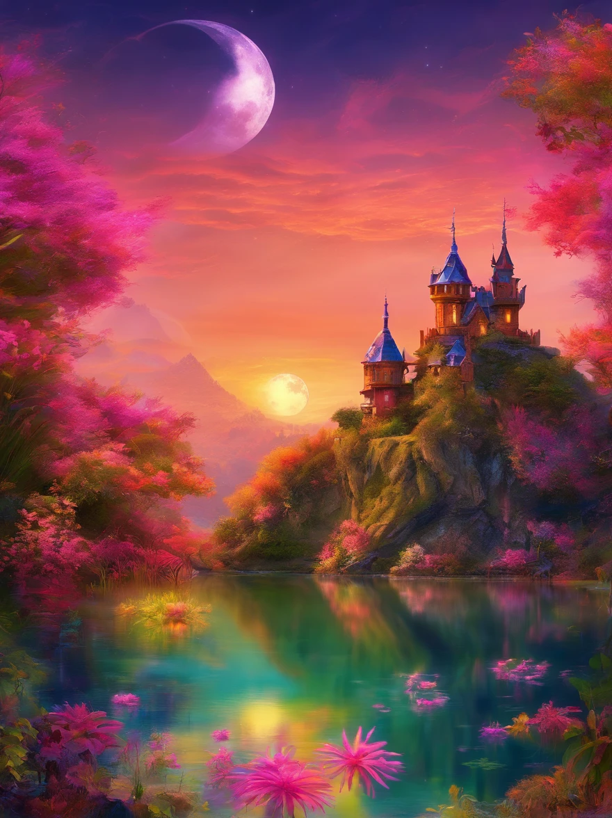(Neon)，Circuit Board，(moon:1.5)，(Bubbles)，(fireworks:1.5)，Dreams，(Psychedelic)，(Neon light)，(A peaceful and magical dream castle)，In this vibrant，Charming surroundings，center，A dreamy and majestic castle，Central Lake，Surrounded by a variety of aquatic plants，Many different types and colors of flowers adorn the beautiful landscape，Multiple waterfalls burst from nearby cliffs，Their waters sparkle in the dawn light，When they poured into the lake，The sun is just beginning to peek over the horizon，The first rays of sunlight of the day cast beautiful, warm tones over the castle and surrounding nature.，(Ultra HD, masterpiece, precise, Anatomically correct, textured skin, High Detail, high quality, The award-winning, 8k)