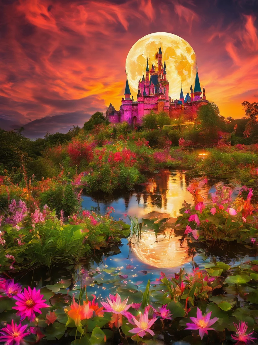 (Neon),Circuit Board,(moon:1.5),(Bubbles),(fireworks:1.5),Dreams,(Psychedelic),(Neon light),(A peaceful and magical dream castle),In this vibrant,Charming surroundings,center,A dreamy and majestic castle,Central Lake,Surrounded by a variety of aquatic plants,Many different types and colors of flowers adorn the beautiful landscape,Multiple waterfalls burst from nearby cliffs,Their waters sparkle in the dawn light,When they poured into the lake,The sun is just beginning to peek over the horizon,The first rays of sunlight of the day cast beautiful, warm tones over the castle and surrounding nature.,(Ultra HD, masterpiece, precise, Anatomically correct, textured skin, High Detail, high quality, The award-winning, 8k)
