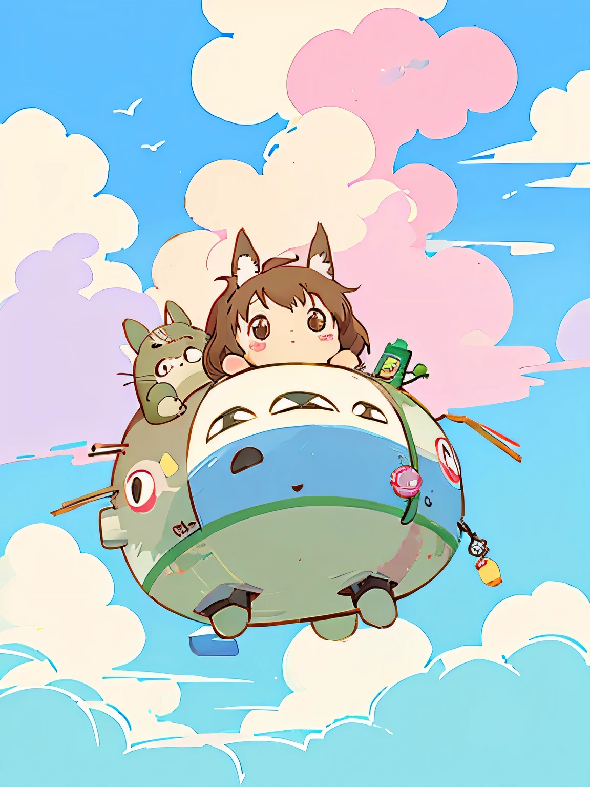 Momoko Sakura style, Kawaii Design, Chibi, (((on the Clouds))), Lots of My Neighbor Totoro, My Neighbor Totoro's Forest