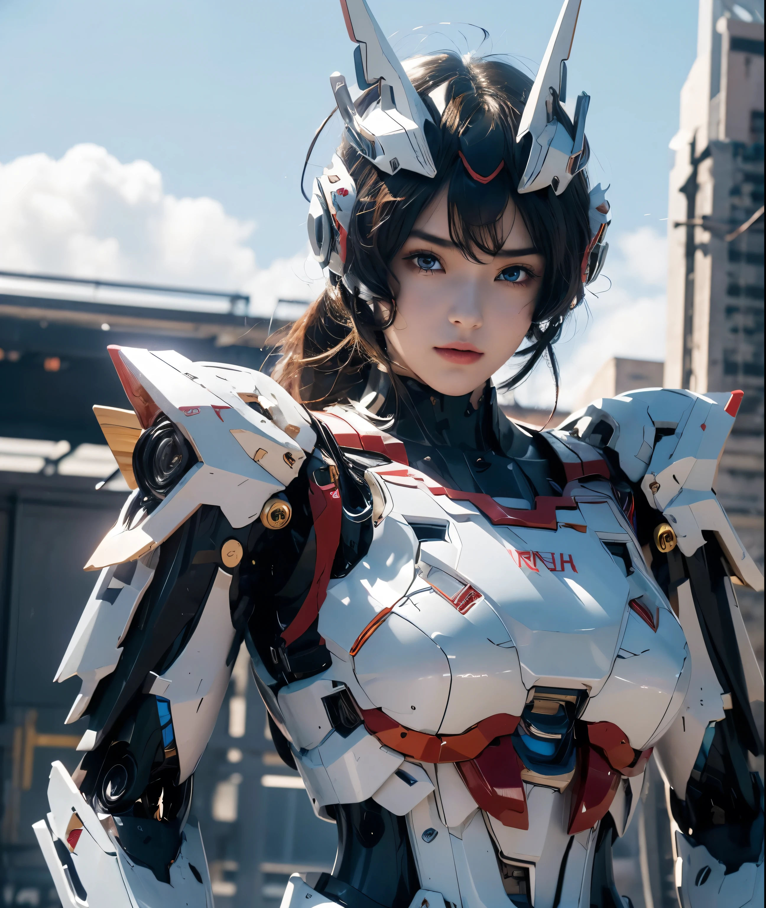 textured skin, Super Detail, Attention to detail, high quality, 最high quality, high resolution, 1080p, Hard Drive, fair,(Gundam girls),fairサイボーグ女性,Mech Robot Girl,Battle Mode,Girl with a mechanical body,She wears a futuristic Gundam mech,full-body shot