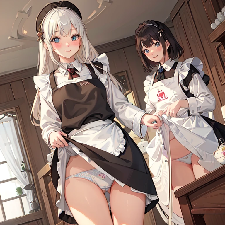 highest quality、masterpiece、((2 women))、((smile:1.3))、(blush:1.3)、Black Shirt、blouse、((fun!!))、(Small breasts)、()、Blonde、(Long sleeve)、((White apron:1.5))、((Maid))、((hair ornaments)),、Kamimei、look at me、 ((in house:1.5))、 Taking a break from watching the audience、Cowboy Shot、(Skirt lift:1.3),(Highly detailed white panties:1.3)、(Highly detailed panties:1.3)、、(スカート that rolls up:1.3)、(Panties fully exposed:1.5)、Light blue eyes、long hair、Glowing Eyes