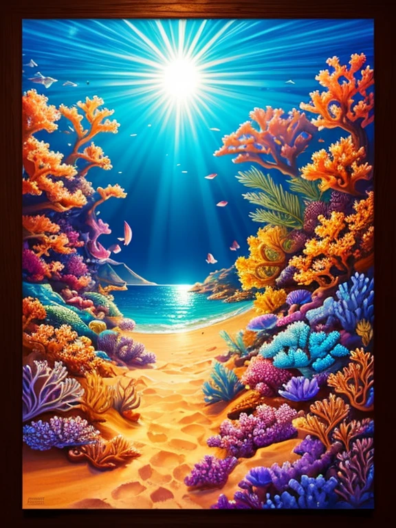 create a 4k digital painting, The image is an artistic illustration that features a radiant sun as a central element, emitting intense light and surrounded by rays extending outward. The sun appears to be both a source of light and the symbolic focal point of the piece, with a strong yellow glow and an orange halo around it.

Below the sun, there is a scene that appears to mix elements of a sea and land landscape. There is a sandy beach lit by the sunset and the sea is represented with peaceful waves reaching the shore. On the left side of the image, there are details that resemble tree branches or dry marine corals that rise and intertwine, all in a palette that ranges from dark brown to black, creating a dramatic contrast with the bright sun and sand.

On the right side, a palm tree stands out, silhouetted against the illuminated sky, adding a tropical touch to the scene. Below it, marine life is represented with more precision and color, with corals of different shapes and colors, ranging from red to blue to lilac, suggesting a vibrant coral reef full of life.

The use of color is vibrant and there is a smooth transition of warm tones at the top merging with cooler, earthier tones as you move down the image. The illustration style appears to be a fusion of realistic elements with a touch of fantasy, capturing a magical atmosphere and a moment frozen in time that celebrates the beauty of the natural world.