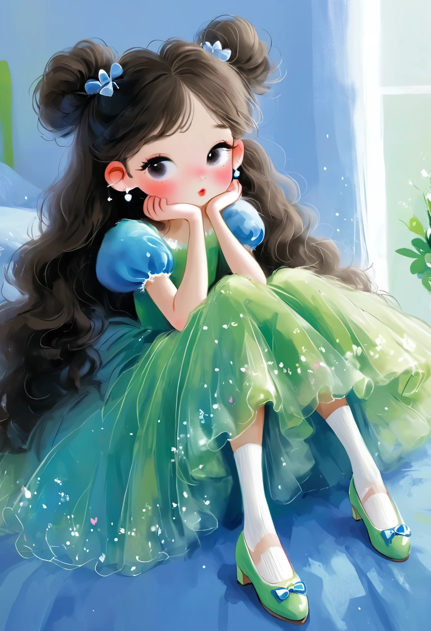 Rough texture,Hand-drawn style,sketch:1 girl,Fluffy skirt,Puff sleeves,Princess dress,Socks,shoe,earrings,Clean background,solitary,
