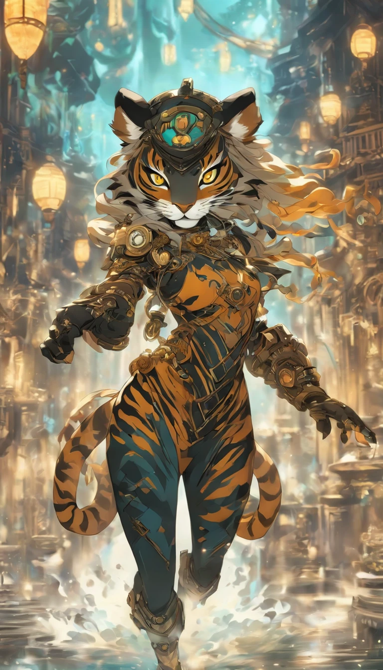 Chinese ink style，Steampunk world，Tiger-shaped steampunk warframe girl，Jet steam is suspended in the city air，Ink animation art，Ink comic art，water ink，ink，Smudge，8K，Delicately portrayed，Works of masters，Black and white tones