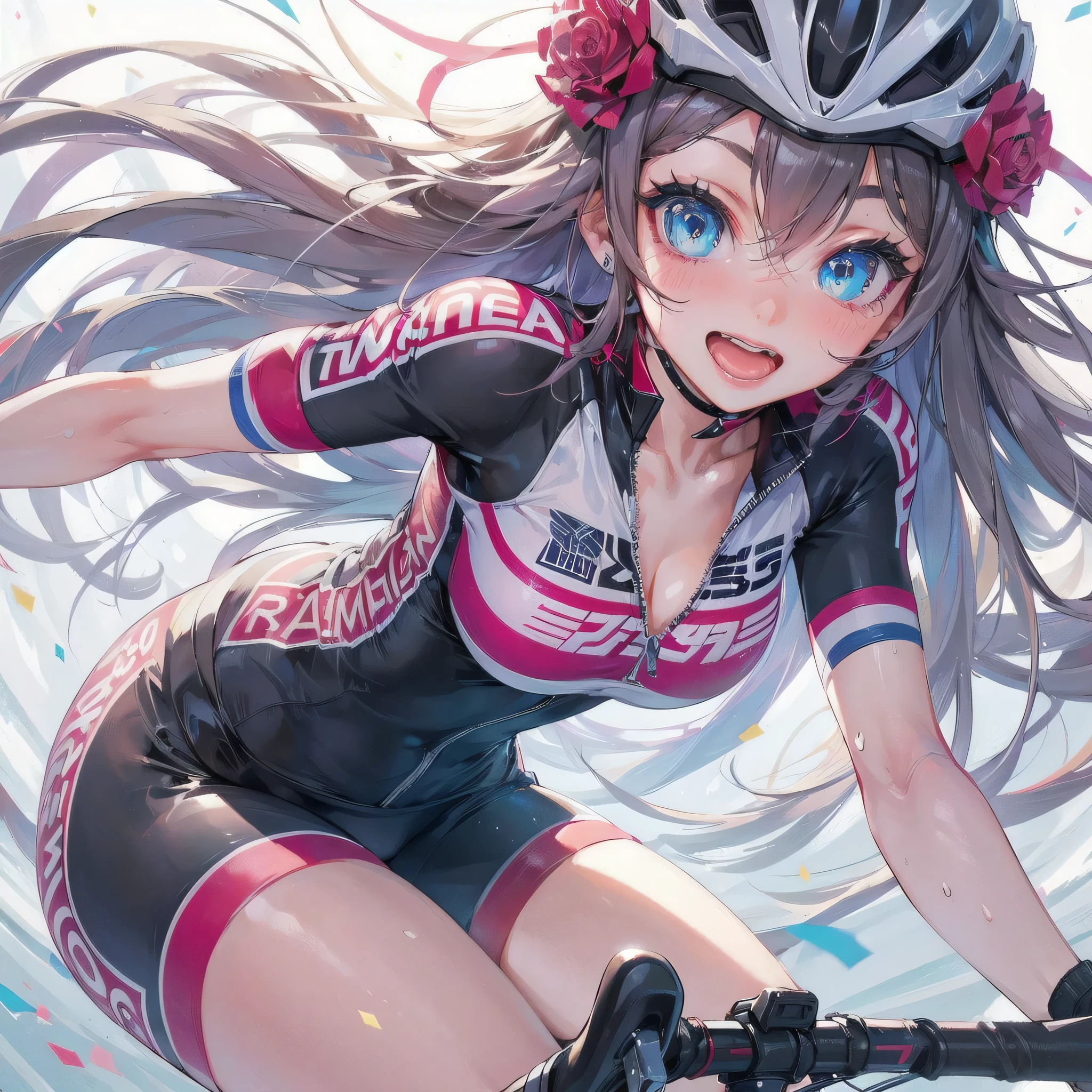 high quality,HD,16k,sharp lines,1 girl,Female cycling athlete ,cute face, large breasts, nice legs,At the cycling venue,focus girl,detailed beautiful face,detailed clothes,beautiful eyes,cool,dynamic angle