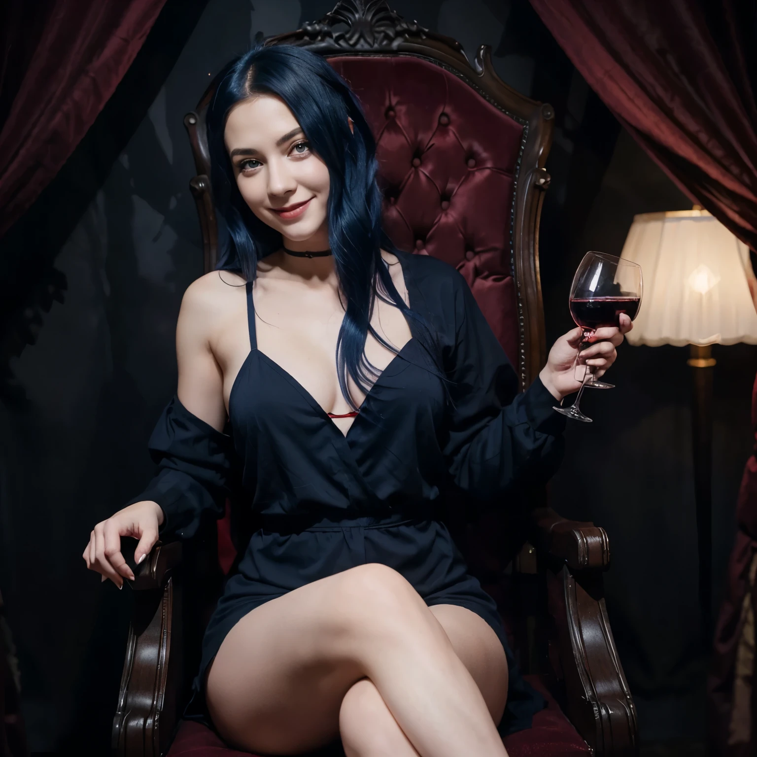 Girl with red eyes and dark blue hair sitting on a throne with a wine glass in her hand and smiling scary background