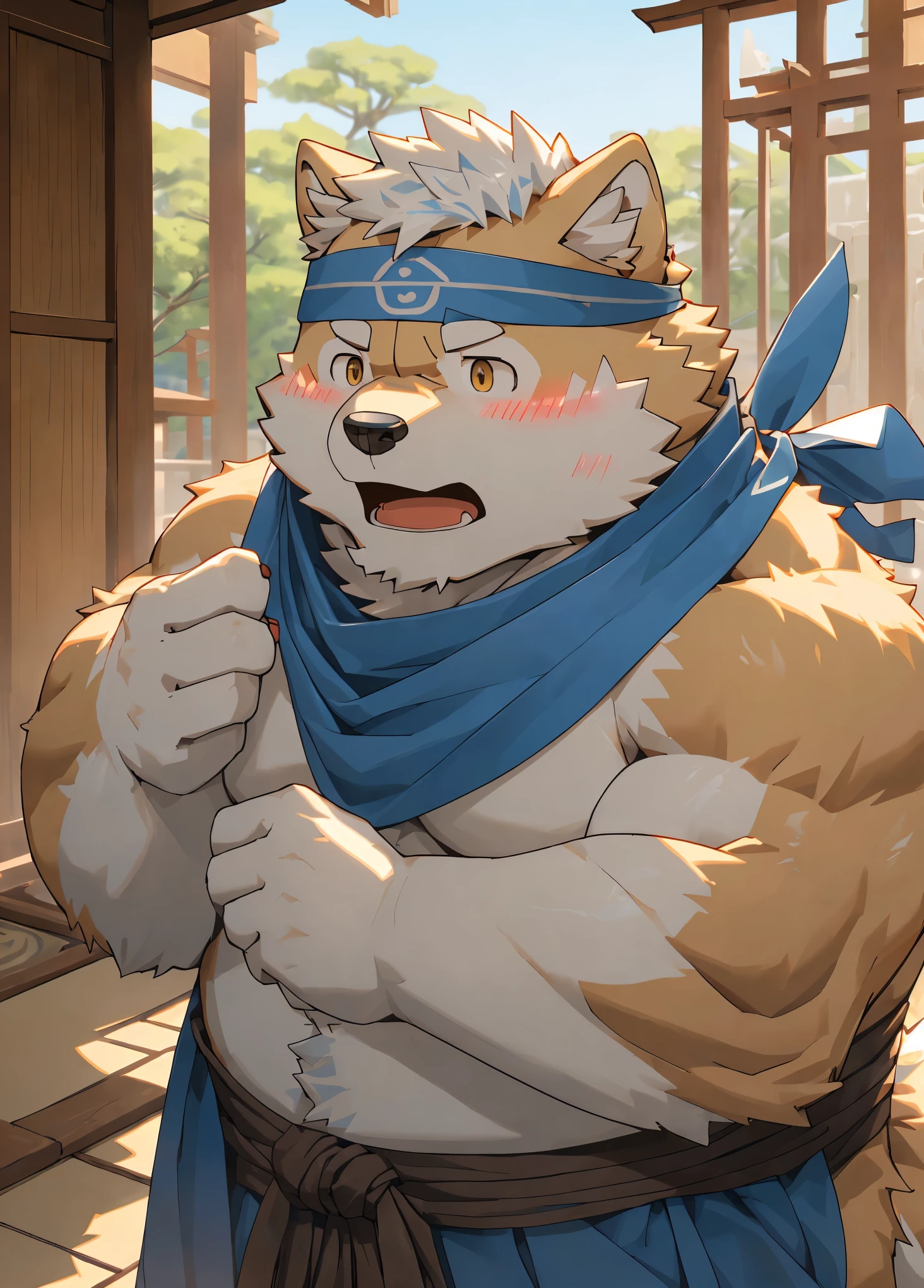 (masterpiece)，(Very detailed)，(best quality)，hairy，Shiba Inu，fur，white hair，Gray pupil，(Japan samurai attire)，((blue scarf))，((Brown Headband))，(blush:1.1)，((Stunned expression))，Temple Background，8k，(high quality)，(Ultra HD)，(Super detailed)